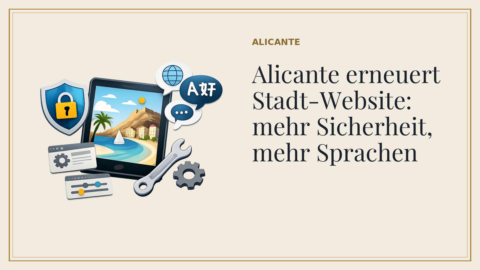 Titelkarte: Alicante erneuert Stadt-Website: mehr Sicherheit, mehr Sprachen (mit KI-Illustration).