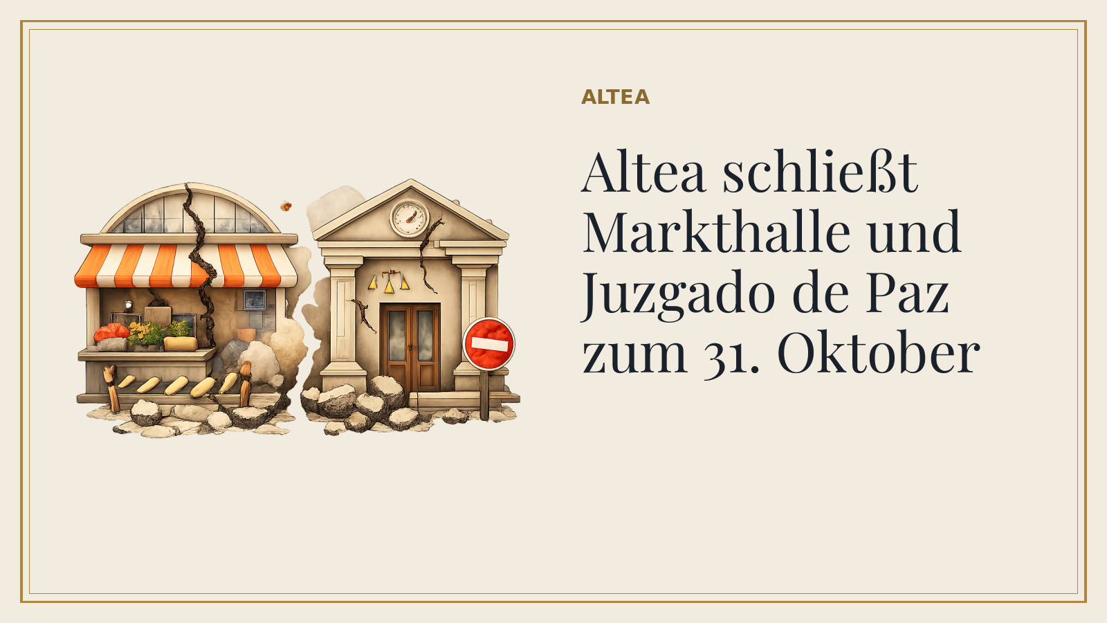 Titelkarte: Altea schließt Markthalle und Juzgado de Paz zum 31. Oktober (mit KI-Illustration).