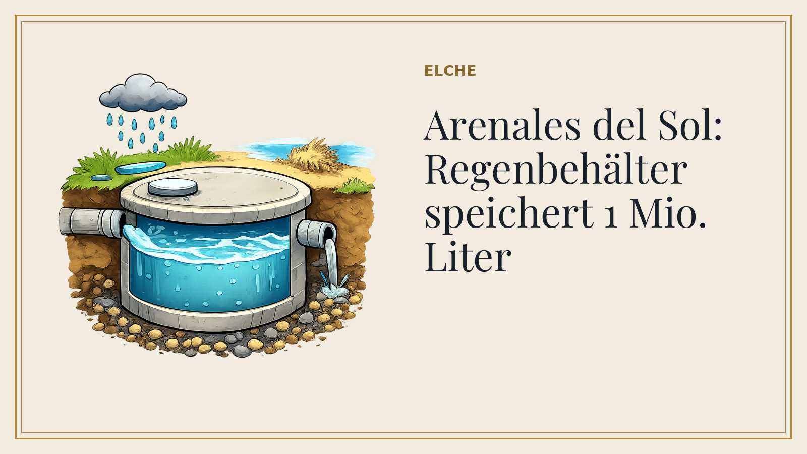 Titelkarte: Arenales del Sol: Regenbehälter speichert 1 Mio. Liter (mit KI-Illustration).