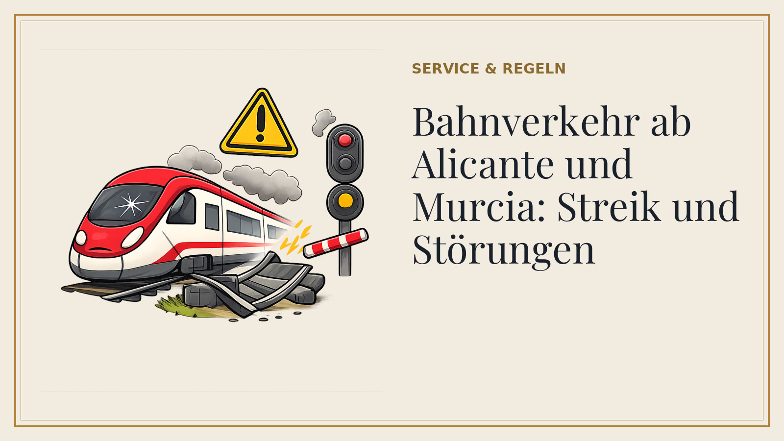 Titelkarte: Bahnverkehr ab Alicante und Murcia: Streik und Störungen (mit KI-Illustration).