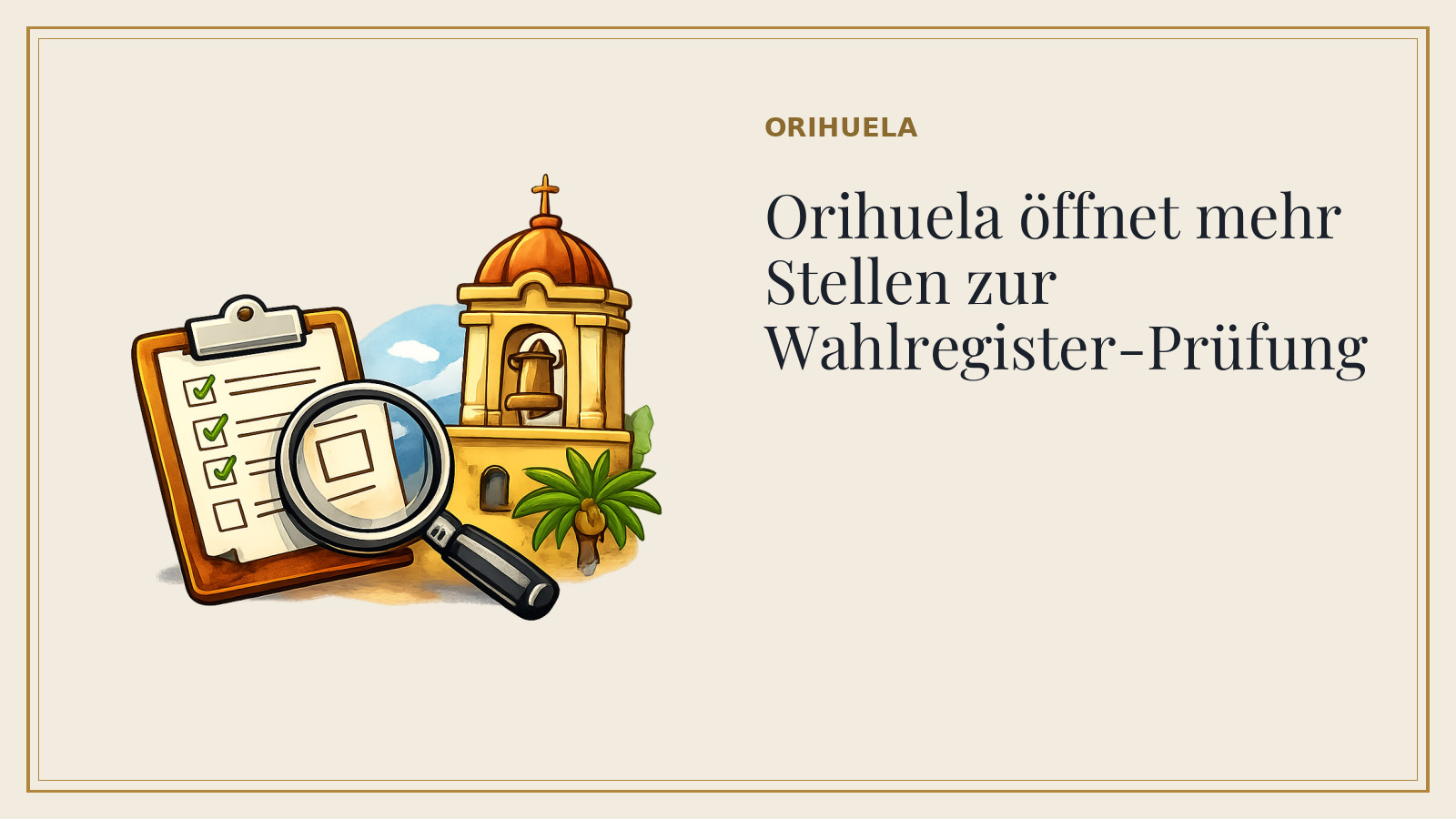 Titelkarte: Orihuela öffnet mehr Stellen zur Wahlregister-Prüfung (mit KI-Illustration).