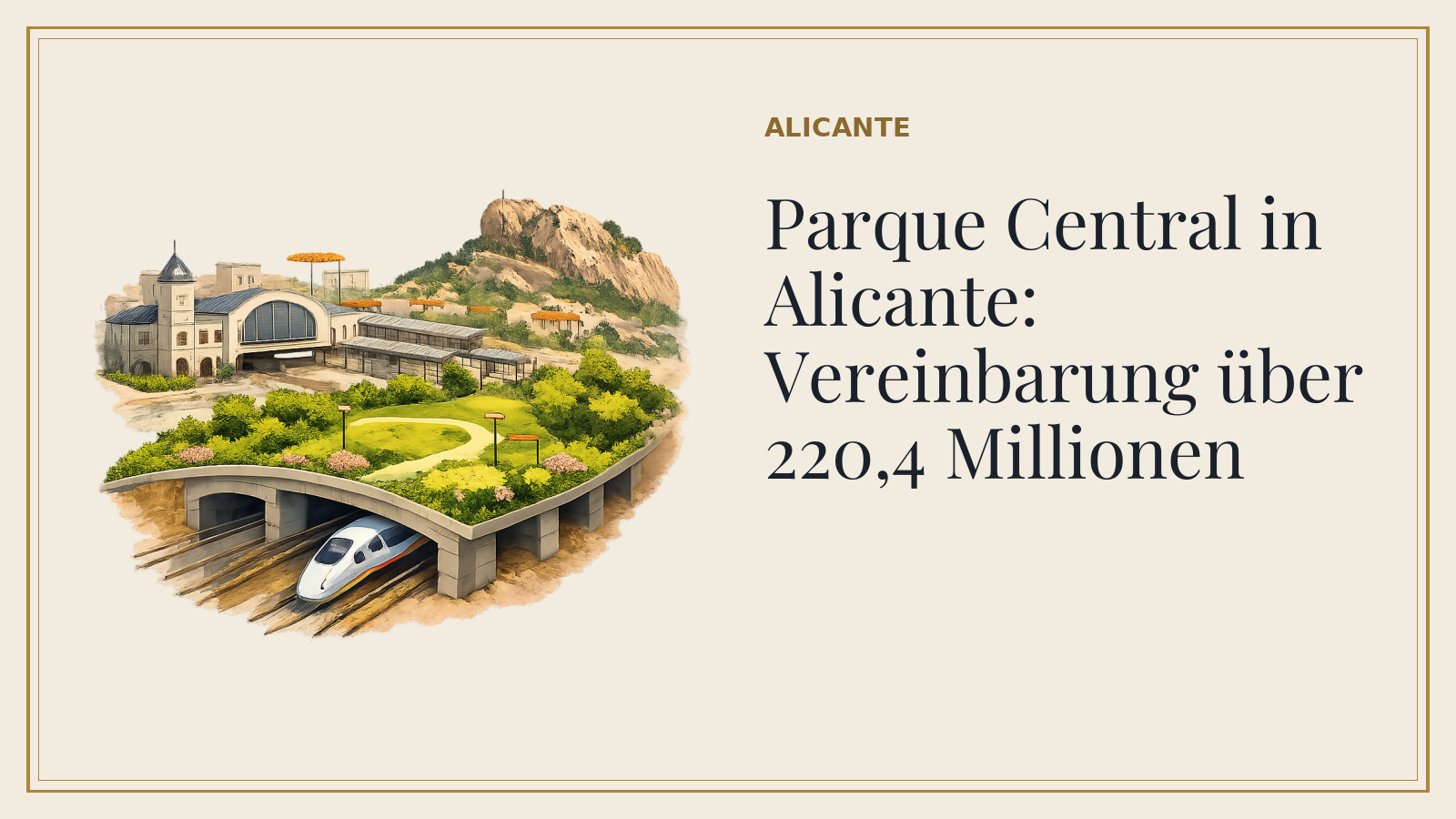 Titelkarte: Parque Central in Alicante: Vereinbarung über 220,4 Millionen (mit KI-Illustration).