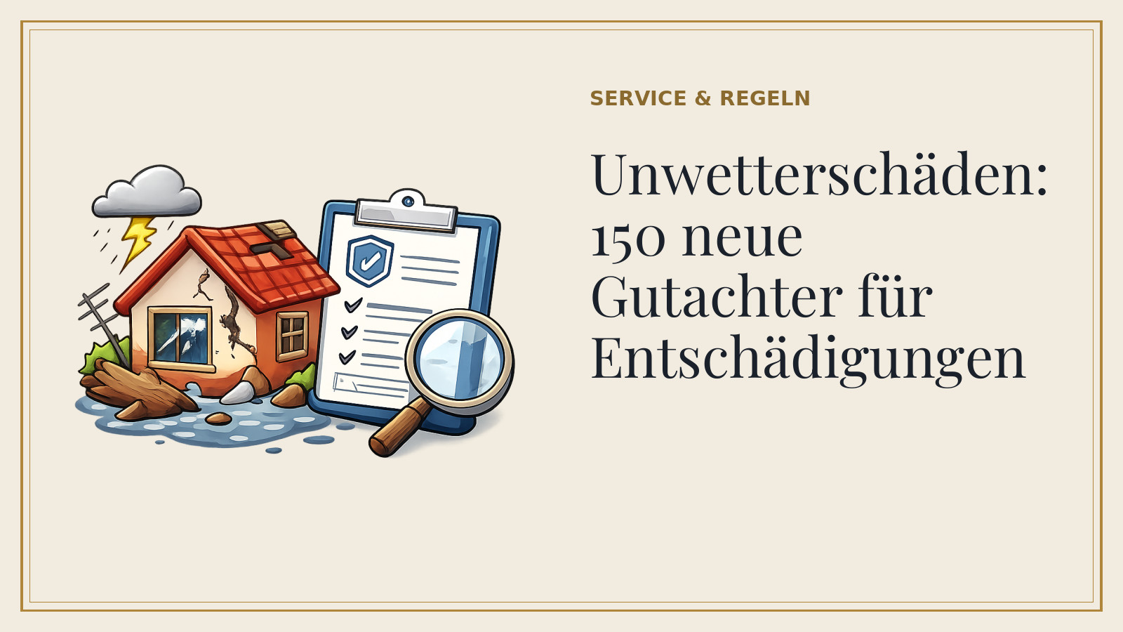 Titelkarte: Unwetterschäden: 150 neue Gutachter für Entschädigungen (mit KI-Illustration).