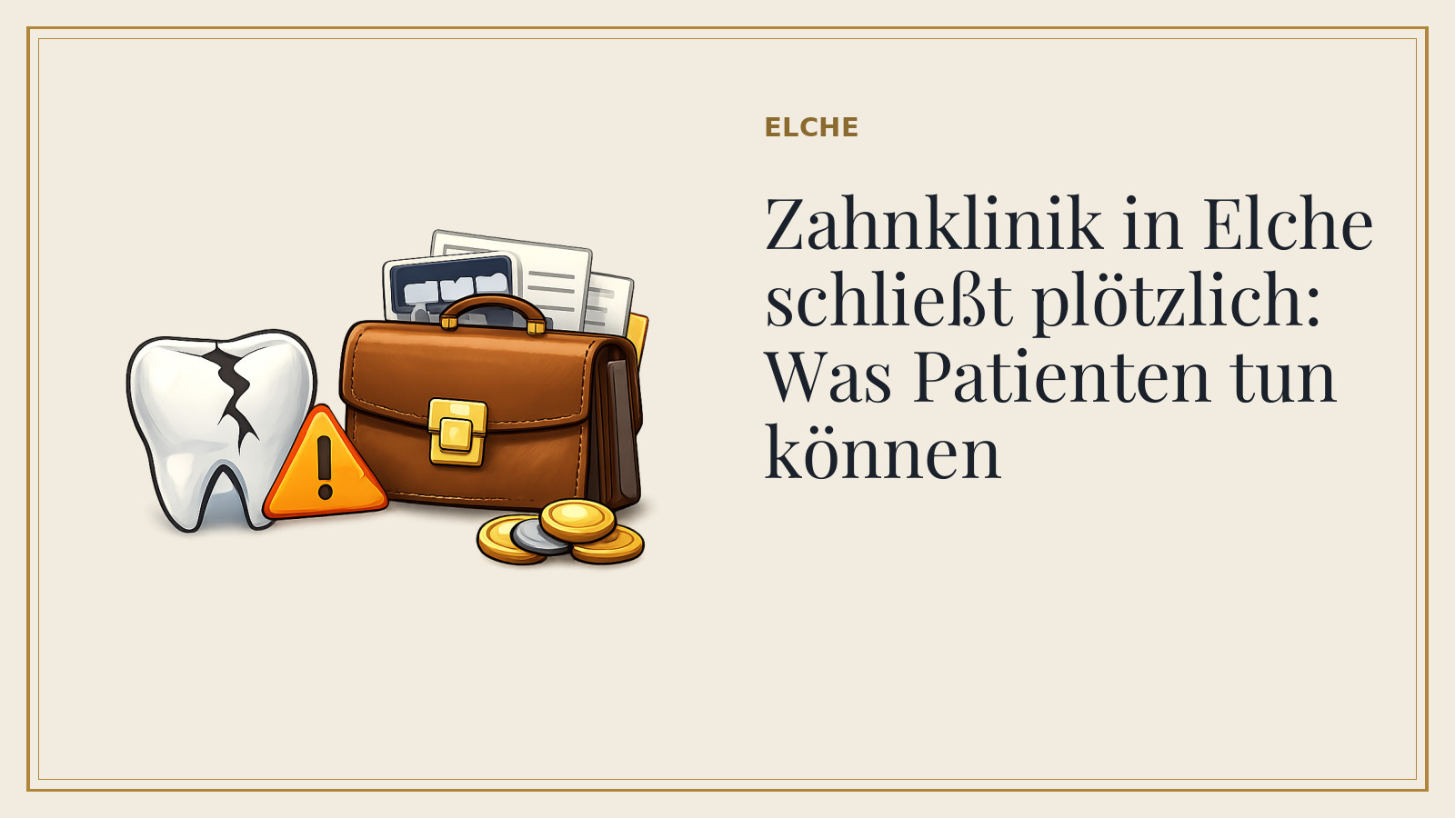 Titelkarte: Zahnklinik in Elche schließt plötzlich: Was Patienten tun können (mit KI-Illustration).