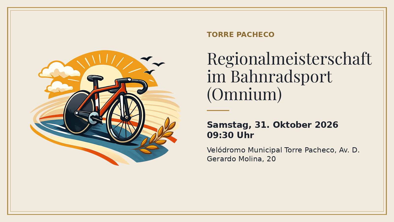 Plakat: Regionalmeisterschaft im Bahnradsport (Omnium), Samstag, 31. Oktober 2026, 09:30 Uhr, Velódromo Municipal Torre Pacheco, Av. D. Gerardo Molina, 20 (mit KI-Illustration).
