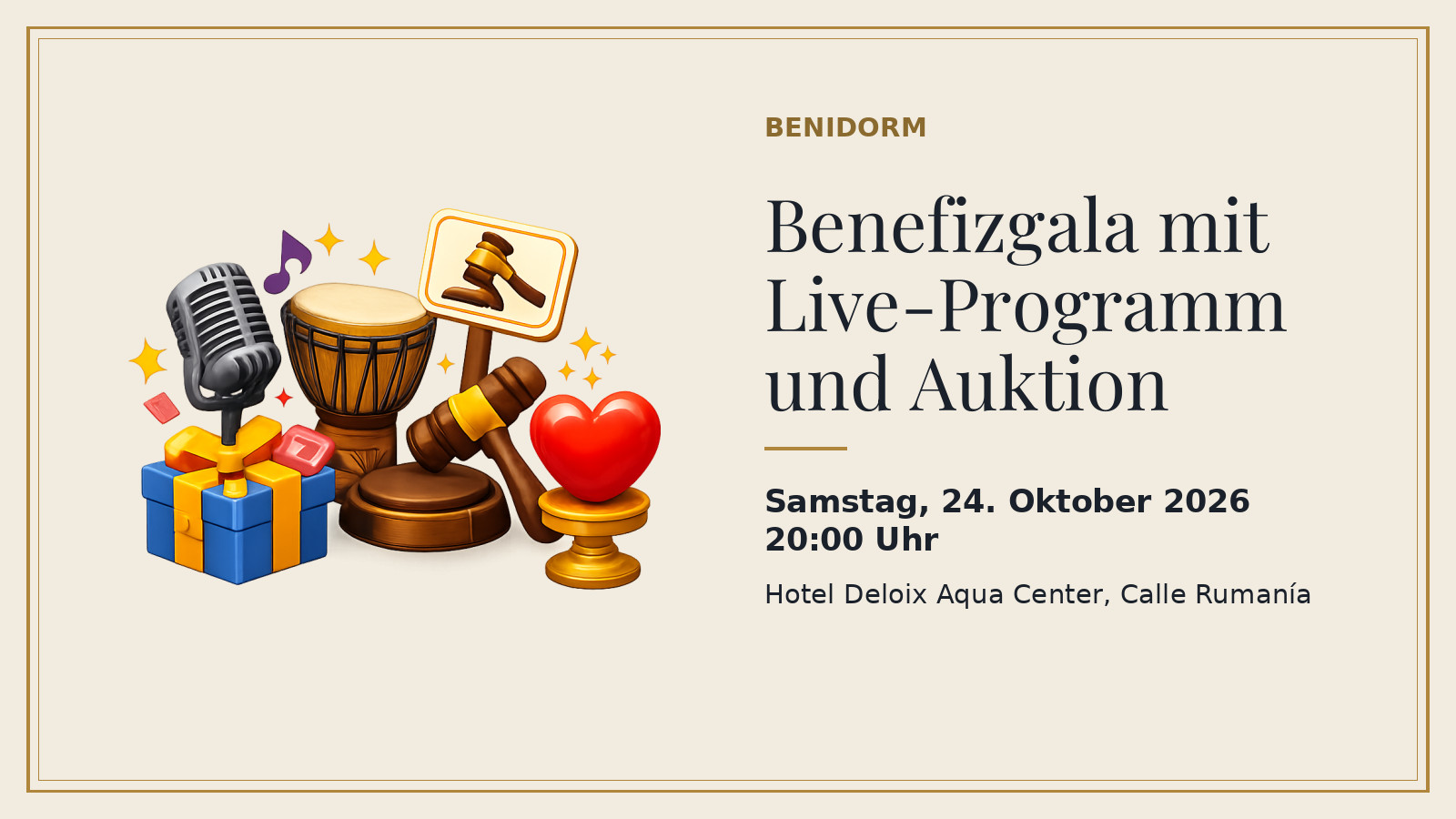 Plakat: Benefizgala mit Live-Programm und Auktion, Samstag, 24. Oktober 2026, 20:00 Uhr, Hotel Deloix Aqua Center, Calle Rumanía (mit KI-Illustration).