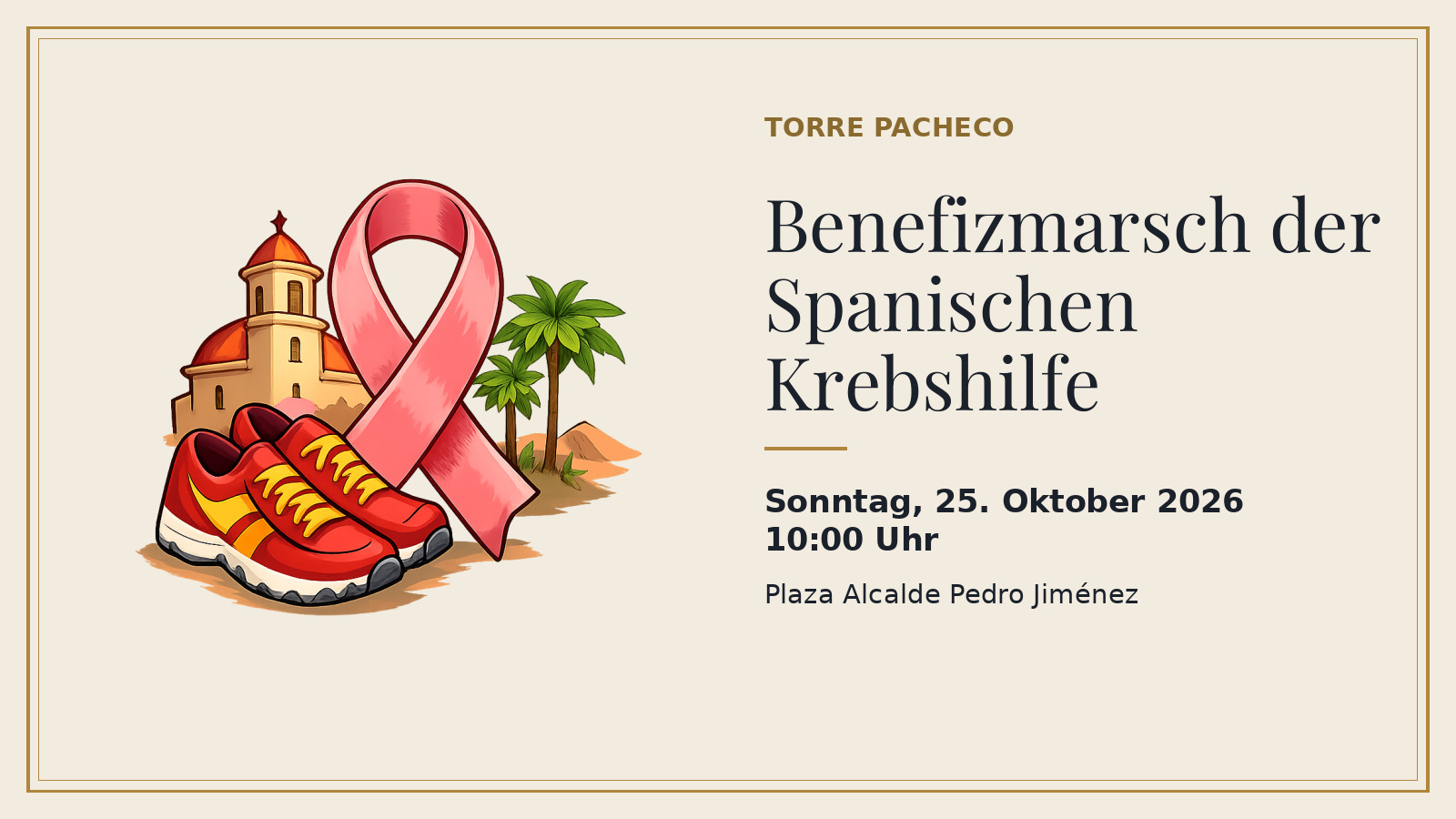 Plakat: Benefizmarsch der Spanischen Krebshilfe, Sonntag, 25. Oktober 2026, 10:00 Uhr, Plaza Alcalde Pedro Jiménez (mit KI-Illustration).