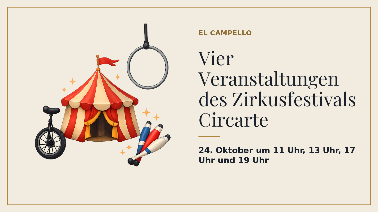 Plakat: Vier Veranstaltungen des Zirkusfestivals Circarte, 24. Oktober um 11 Uhr, 13 Uhr, 17 Uhr und 19 Uhr, Casa de Cultura, Sala Enric Valor; Ágora der Casa de Cultura; Hall der Casa de Cultura / Plaza de la Constitución; Auditorio Pedro Vaello (mit KI-