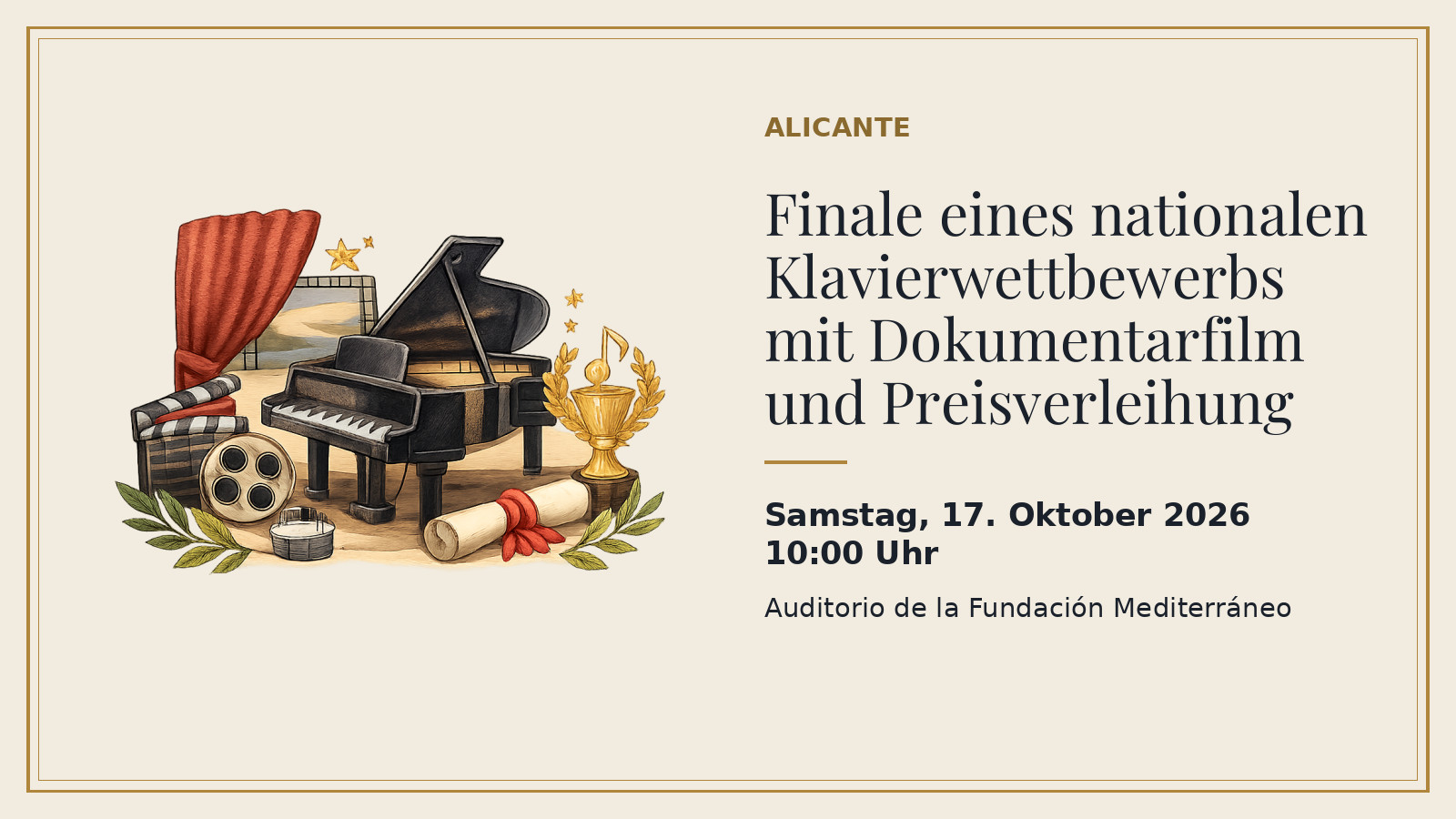 Plakat: Finale eines nationalen Klavierwettbewerbs mit Dokumentarfilm und Preisverleihung, Samstag, 17. Oktober 2026, 10:00 Uhr, Auditorio de la Fundación Mediterráneo (mit KI-Illustration).