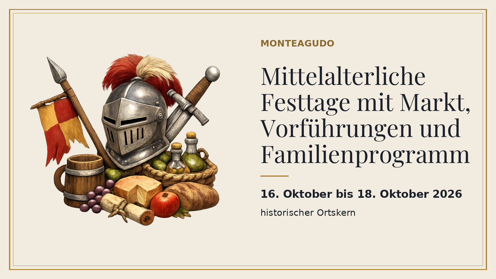 Plakat: Mittelalterliche Festtage mit Markt, Vorführungen und Familienprogramm, 16. Oktober bis 18. Oktober 2026, historischer Ortskern (mit KI-Illustration).