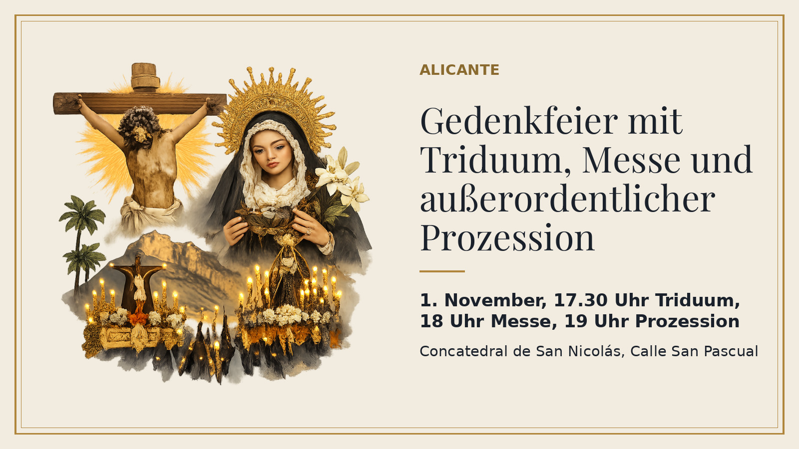 Plakat: Gedenkfeier mit Triduum, Messe und außerordentlicher Prozession, 1. November, 17.30 Uhr Triduum, 18 Uhr Messe, 19 Uhr Prozession, Concatedral de San Nicolás, Calle San Pascual (mit KI-Illustration).