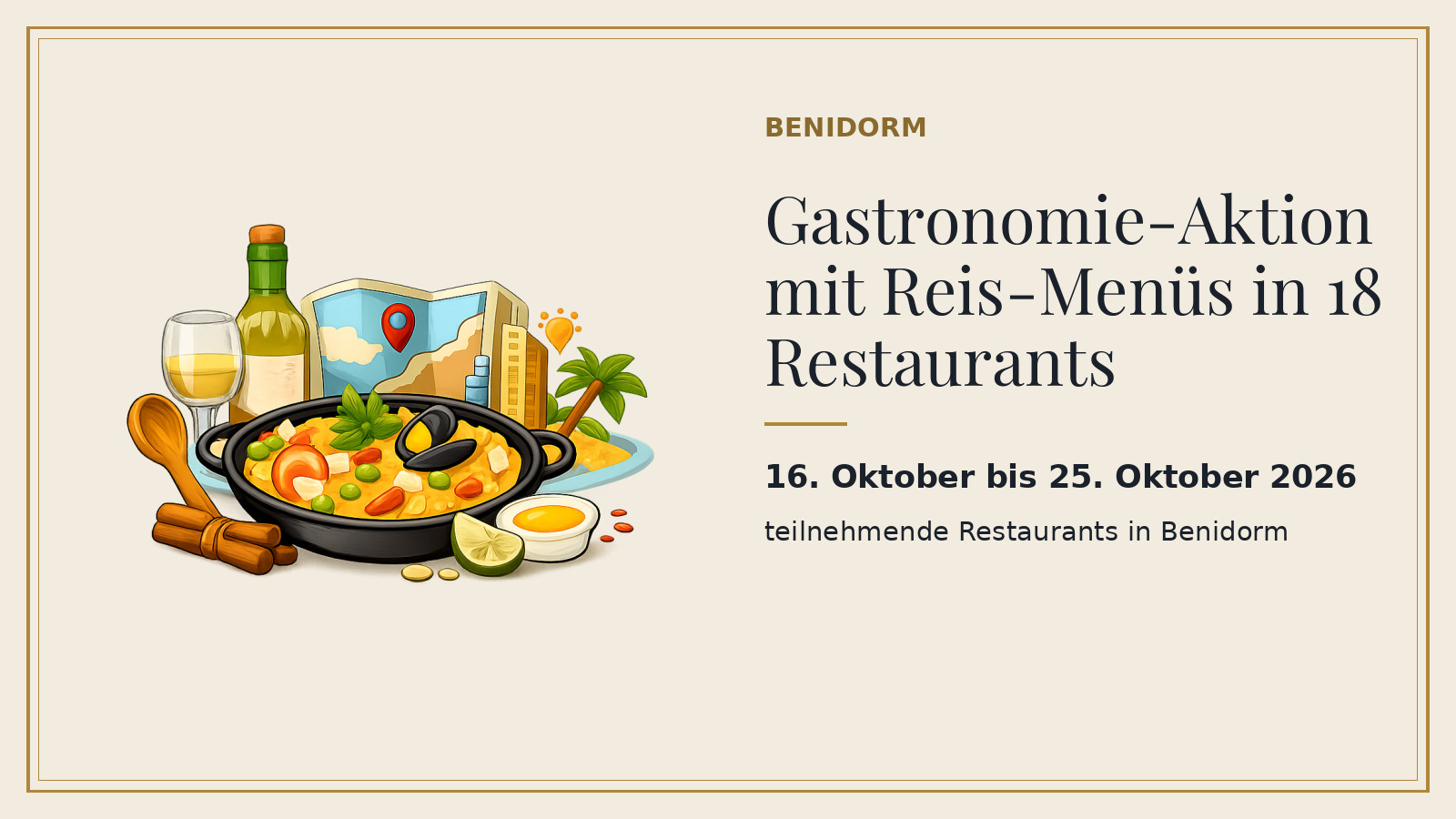 Plakat: Gastronomie-Aktion mit Reis-Menüs in 18 Restaurants, 16. Oktober bis 25. Oktober 2026, teilnehmende Restaurants in Benidorm (mit KI-Illustration).