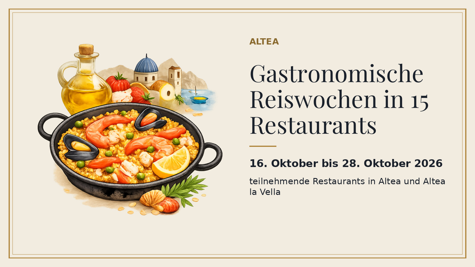 Plakat: Gastronomische Reiswochen in 15 Restaurants, 16. Oktober bis 28. Oktober 2026, teilnehmende Restaurants in Altea und Altea la Vella (mit KI-Illustration).