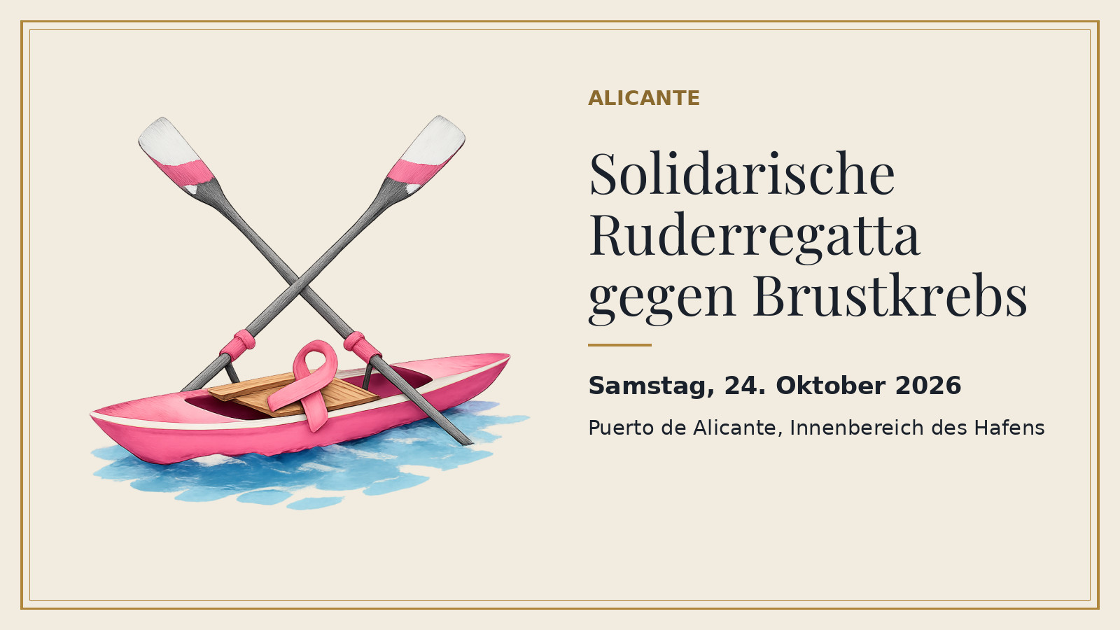 Plakat: Solidarische Ruderregatta gegen Brustkrebs, Samstag, 24. Oktober 2026, Puerto de Alicante, Innenbereich des Hafens (mit KI-Illustration).