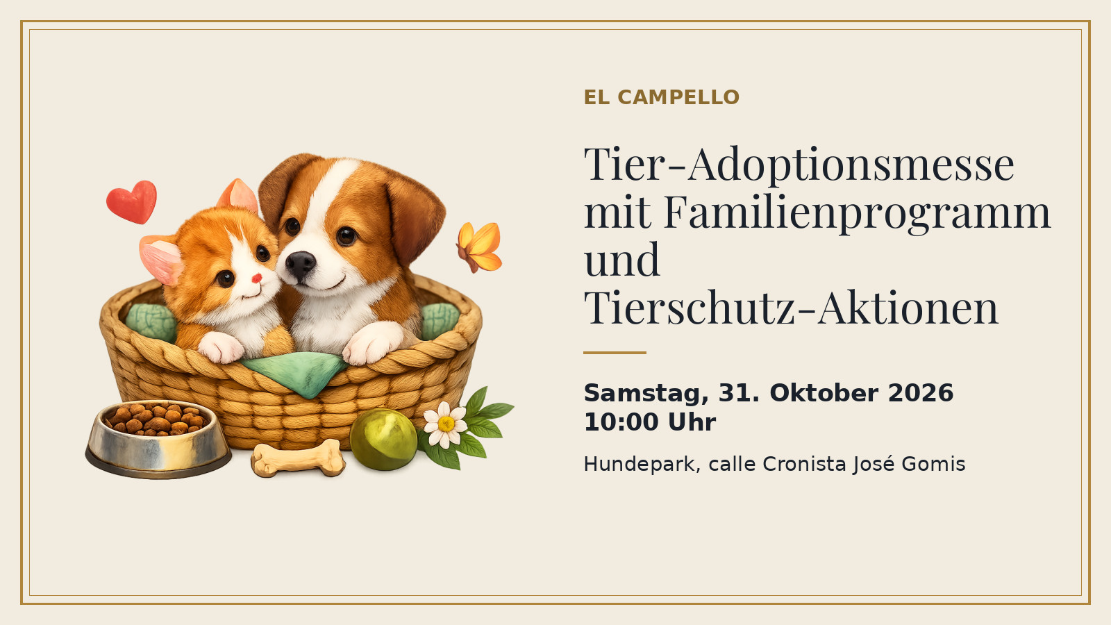 Plakat: Tier-Adoptionsmesse mit Familienprogramm und Tierschutz-Aktionen, Samstag, 31. Oktober 2026, 10:00 Uhr, Hundepark, calle Cronista José Gomis (mit KI-Illustration).