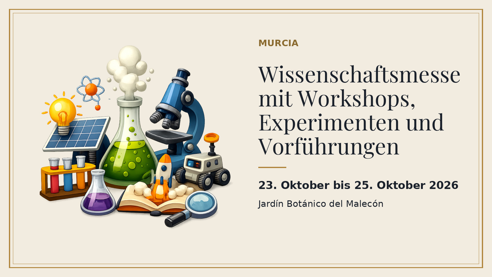 Plakat: Wissenschaftsmesse mit Workshops, Experimenten und Vorführungen, 23. Oktober bis 25. Oktober 2026, Jardín Botánico del Malecón (mit KI-Illustration).