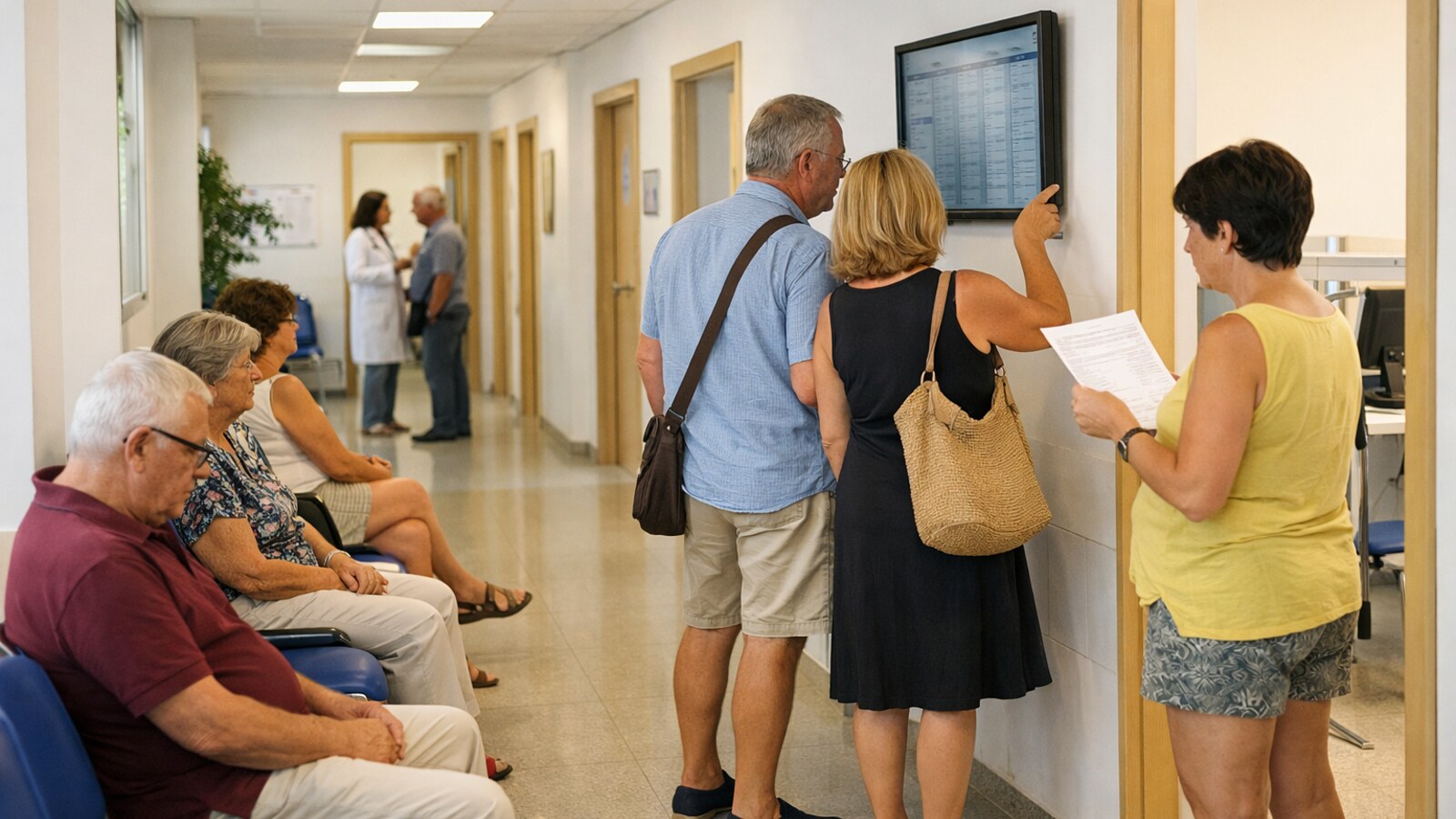 Zu sehen ist ein heller Klinikflur mit mehreren Wartepatienten auf Stühlen, offenen Behandlungsräumen und Menschen, die an einem Bildschirm und mit einem Papier Termininformationen prüfen (KI-Symbolbild).