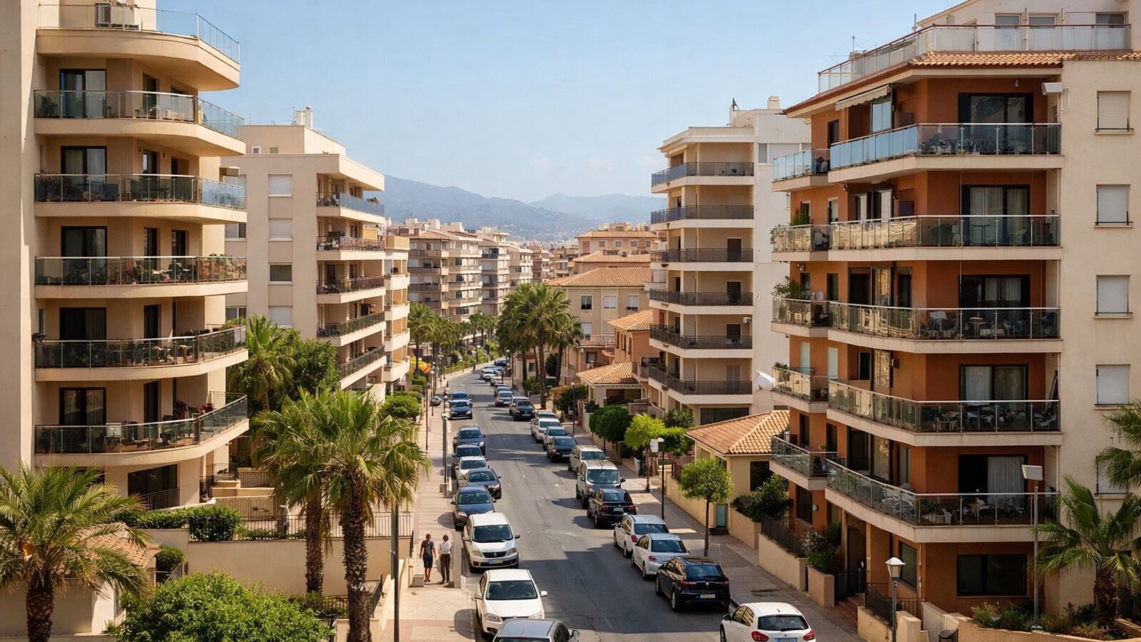 Zu sehen ist eine breite Wohnstraße in einer mediterranen Stadt mit modernen mehrstöckigen Apartmenthäusern, Balkonen, parkenden Autos und Palmen (KI-Symbolbild).