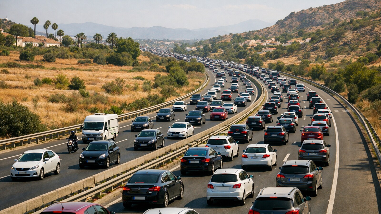 Auf einer mehrspurigen Autobahn in trockener, hügeliger Landschaft staut sich dichter Ferienverkehr mit zahlreichen Autos und wenigen anderen Fahrzeugen in beide Richtungen (KI-Symbolbild).