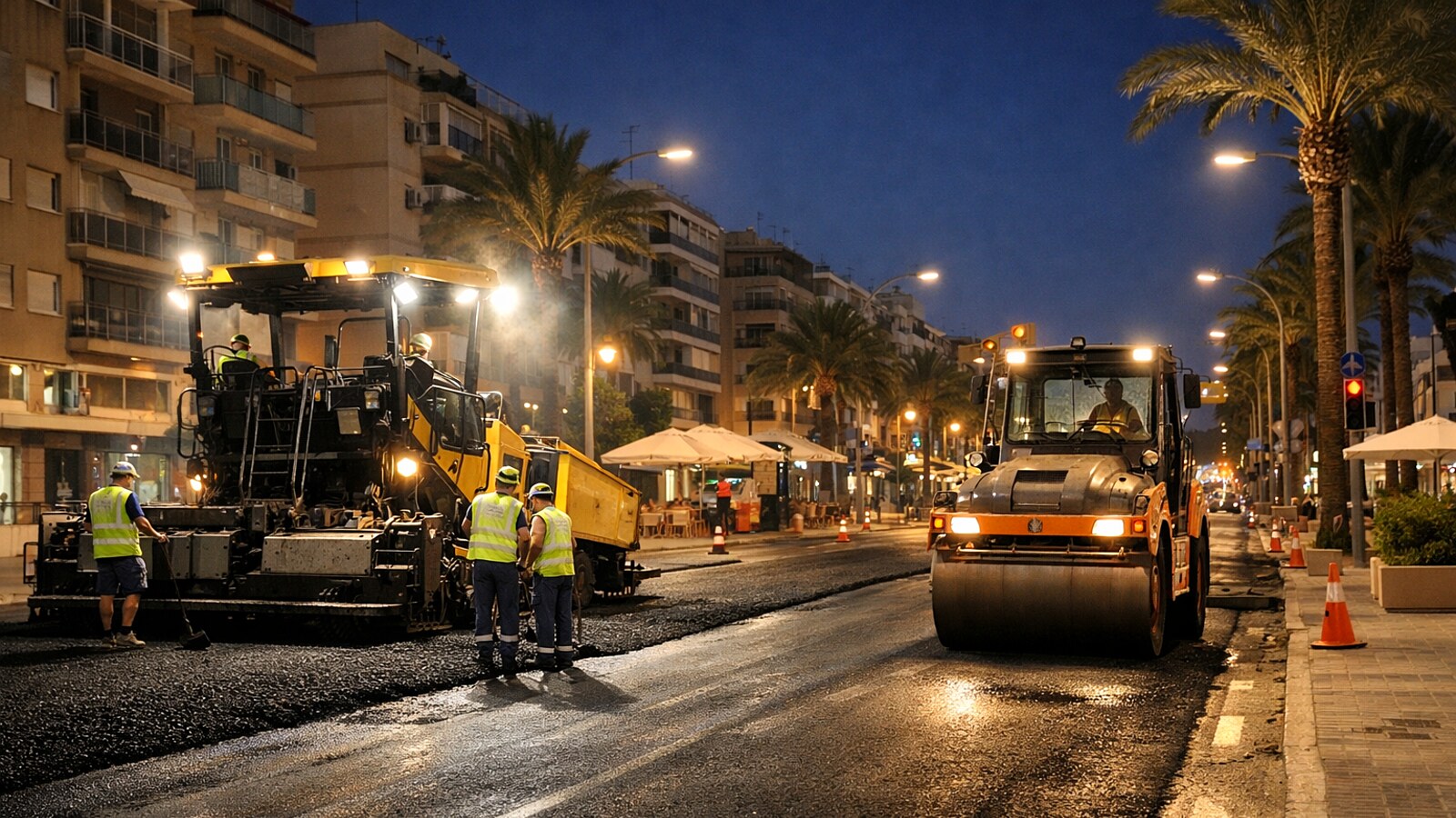 Nachtarbeiten mit Asphaltfertiger und Walze auf einer Stadtstraße (KI-Symbolbild).