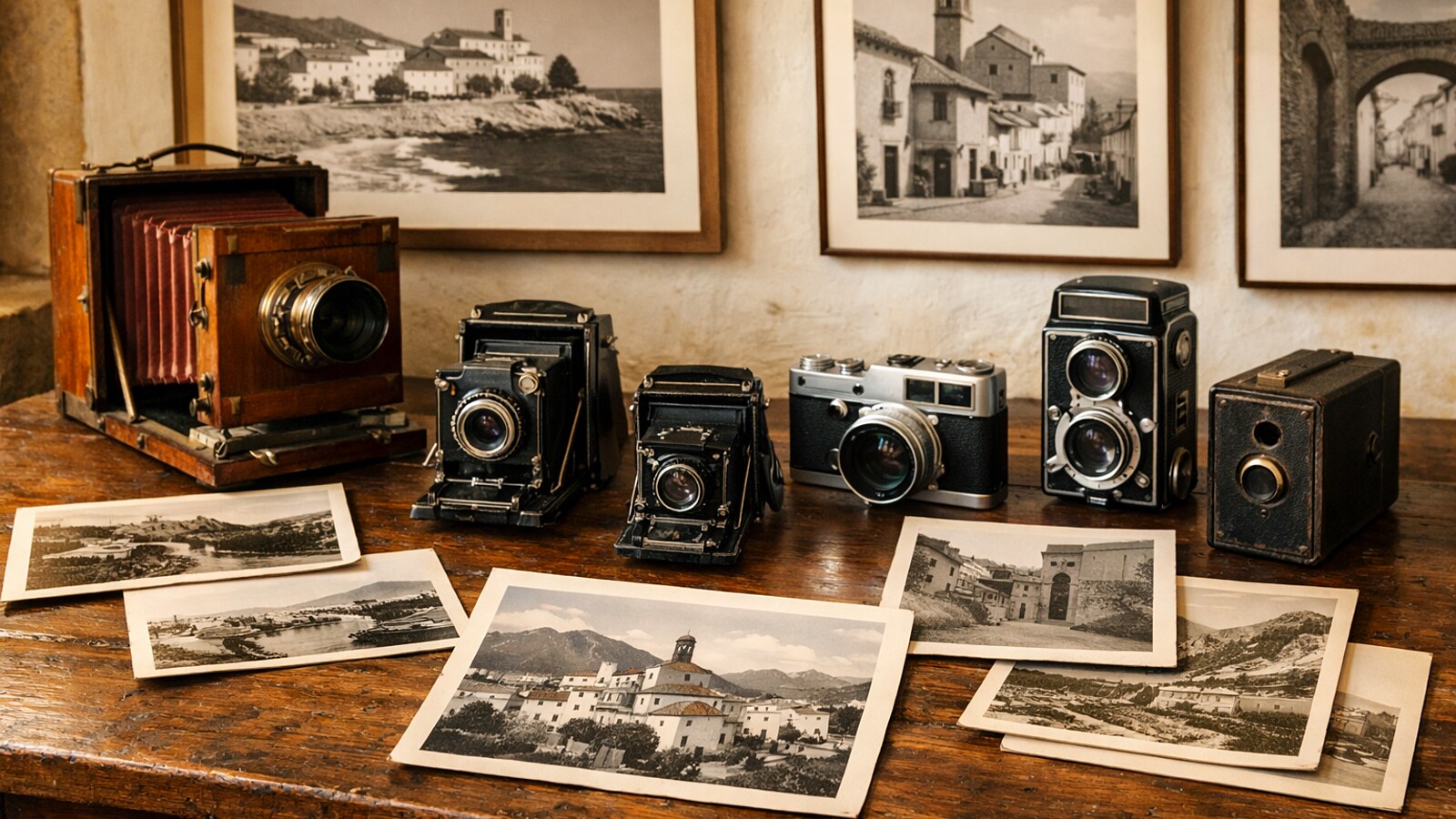 Historische Fotoapparate auf einem Holztisch, davor und dahinter alte Schwarz-Weiß-Fotos (KI-Symbolbild).