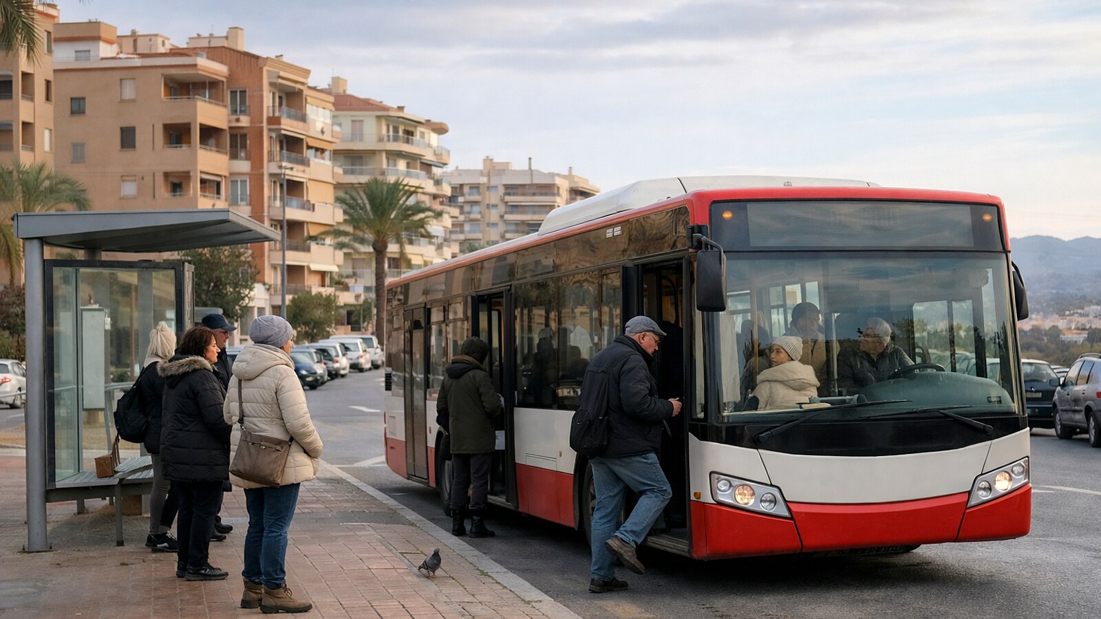 Ein rot-weißer Stadtbus hält an einer Haltestelle vor mehrstöckigen Wohnhäusern, während mehrere warm gekleidete Fahrgäste bei kühlem Wetter ein- und aussteigen oder warten (KI-Symbolbild).