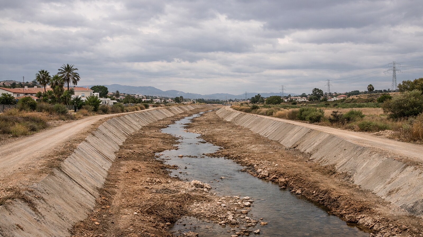 Zu sehen ist ein geradliniger Entwässerungs- oder Flutkanal mit flachem Wasser, geräumten Ufern und beidseitigen Wartungswegen in einer mediterranen Vorstadtlandschaft unter bewölktem Himmel (KI-Symbolbild).