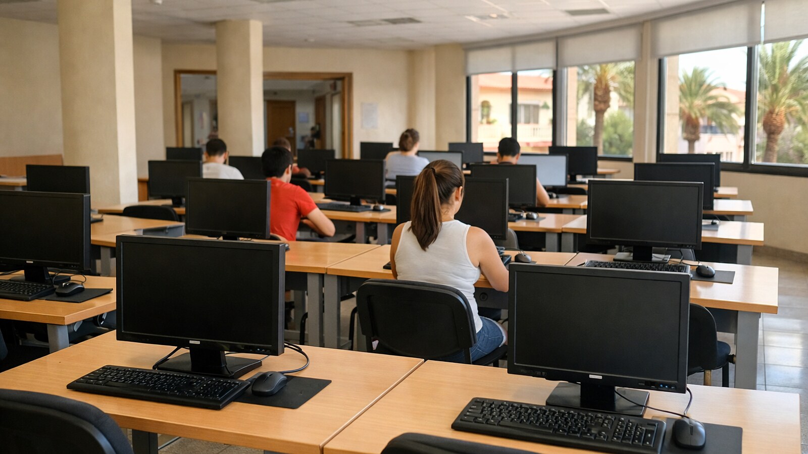Zu sehen ist ein heller Computerraum mit mehreren Reihen von Schreibtischen, Desktop-PCs und einigen sitzenden Personen in einem sachlichen öffentlichen Innenraum (KI-Symbolbild).