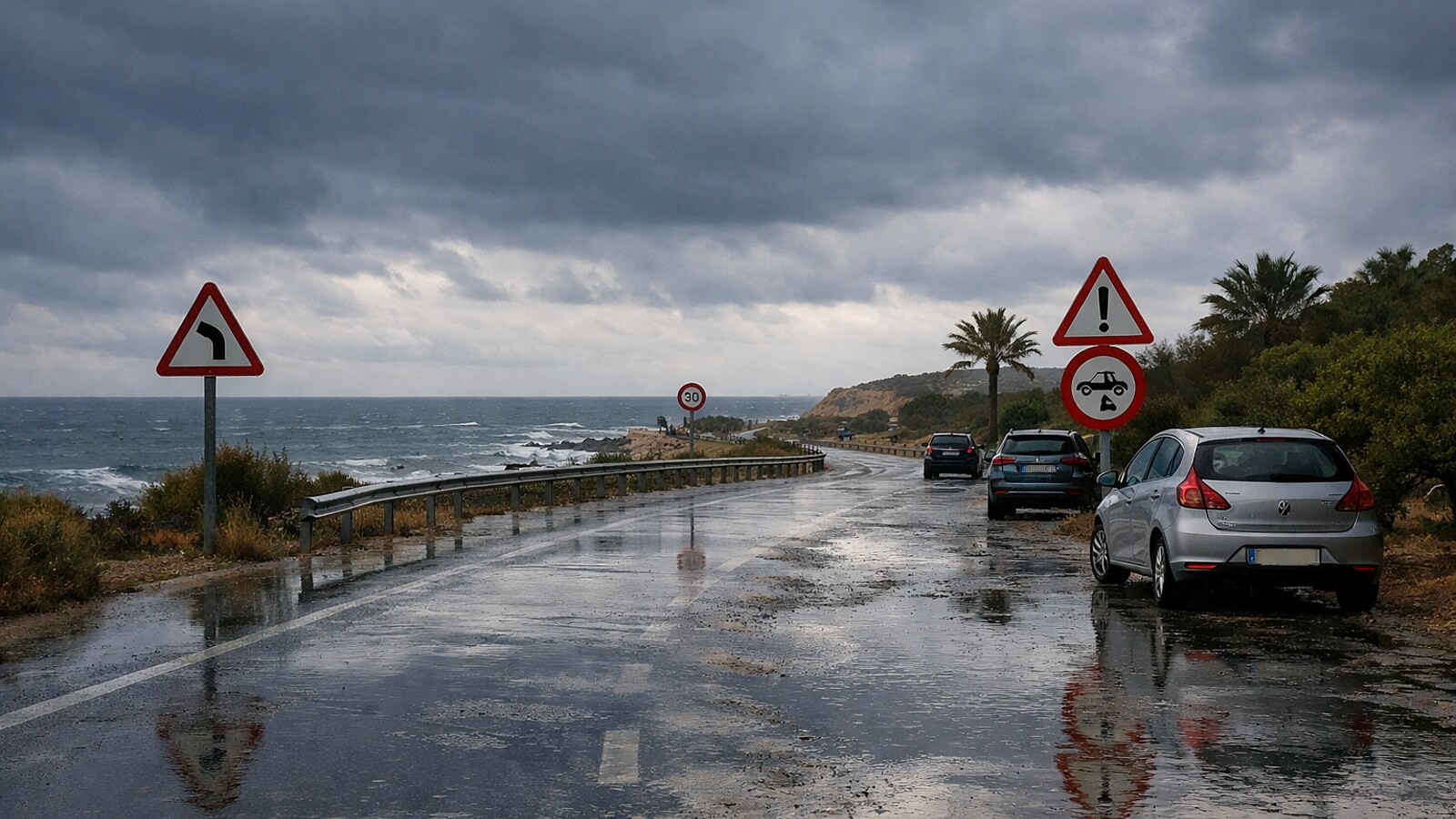 Zu sehen ist eine nasse Küstenstraße mit Pfützen, mehreren Verkehrsschildern und einigen geparkten Autos unter dunklen Regenwolken am Meer (KI-Symbolbild).
