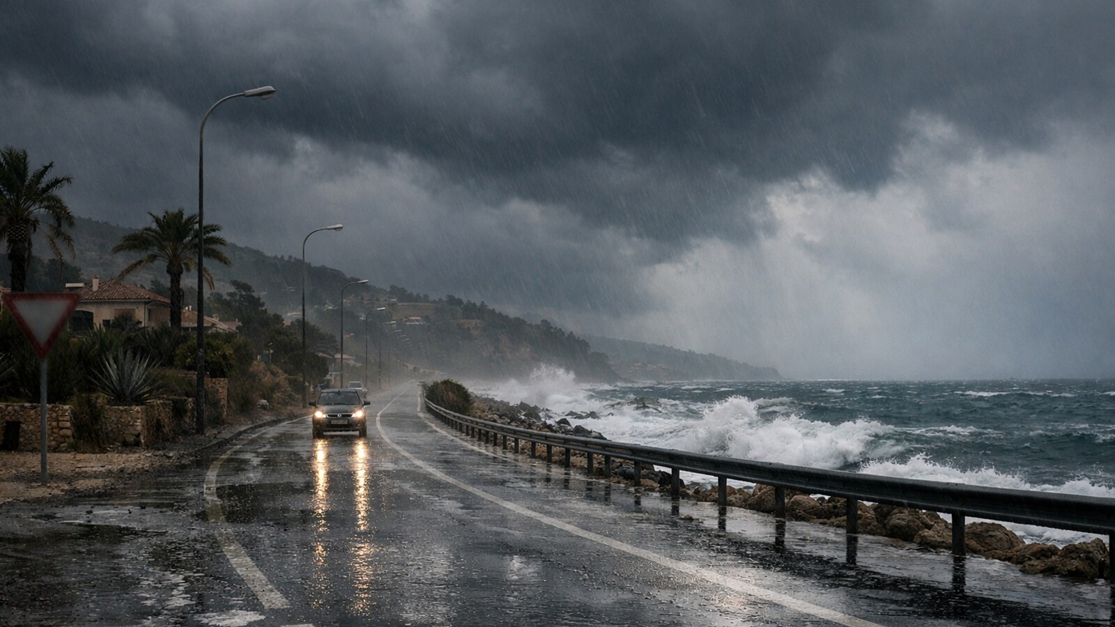 Eine Küstenstraße bei starkem Regen mit dunklen Gewitterwolken, nasser Fahrbahn, Pfützen, einem Auto und aufgewühlter See im Hintergrund (KI-Symbolbild).