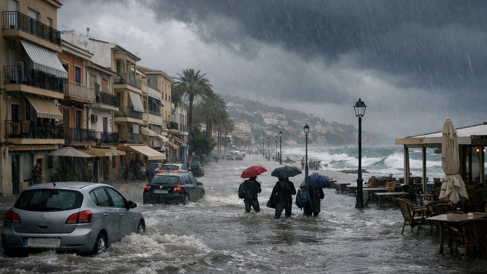 Eine überflutete Uferstraße in einer mediterranen Küstenstadt bei starkem Regen zeigt dunkle Gewitterwolken, parkende und fahrende Autos sowie mehrere Passanten mit Regenschirmen am Meer (KI-Symbolbild).