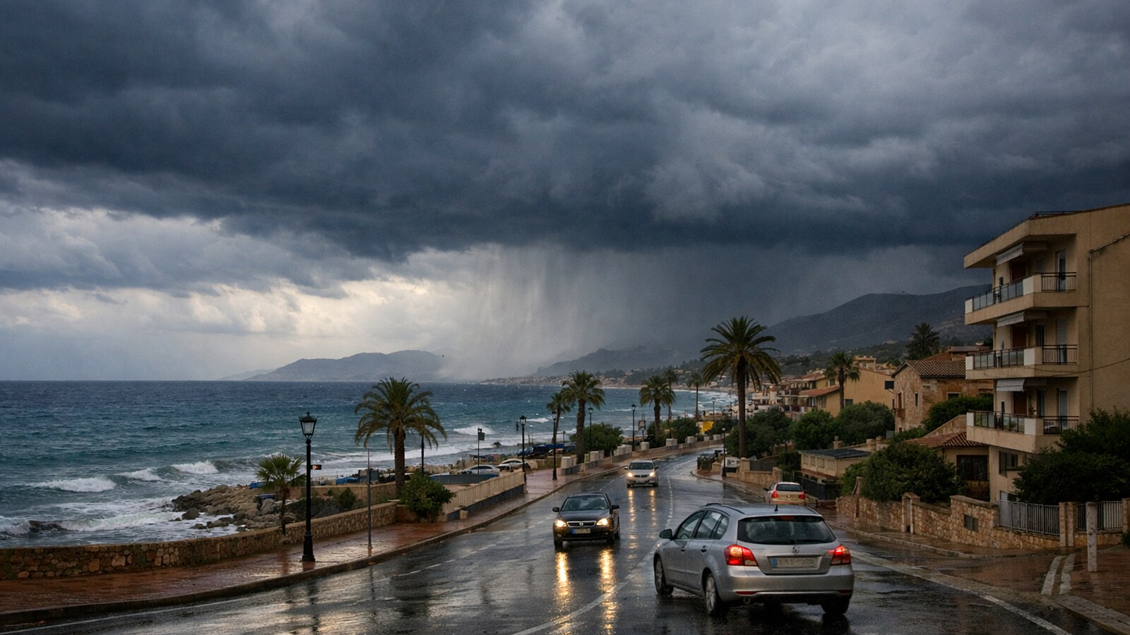 Dunkle Gewitterwolken und ein heranziehender Regenschauer liegen über einer mediterranen Küstenstraße mit nasser Fahrbahn, einigen vorsichtig fahrenden Autos, Palmen und Wohnhäusern am Meer (KI-Symbolbild).