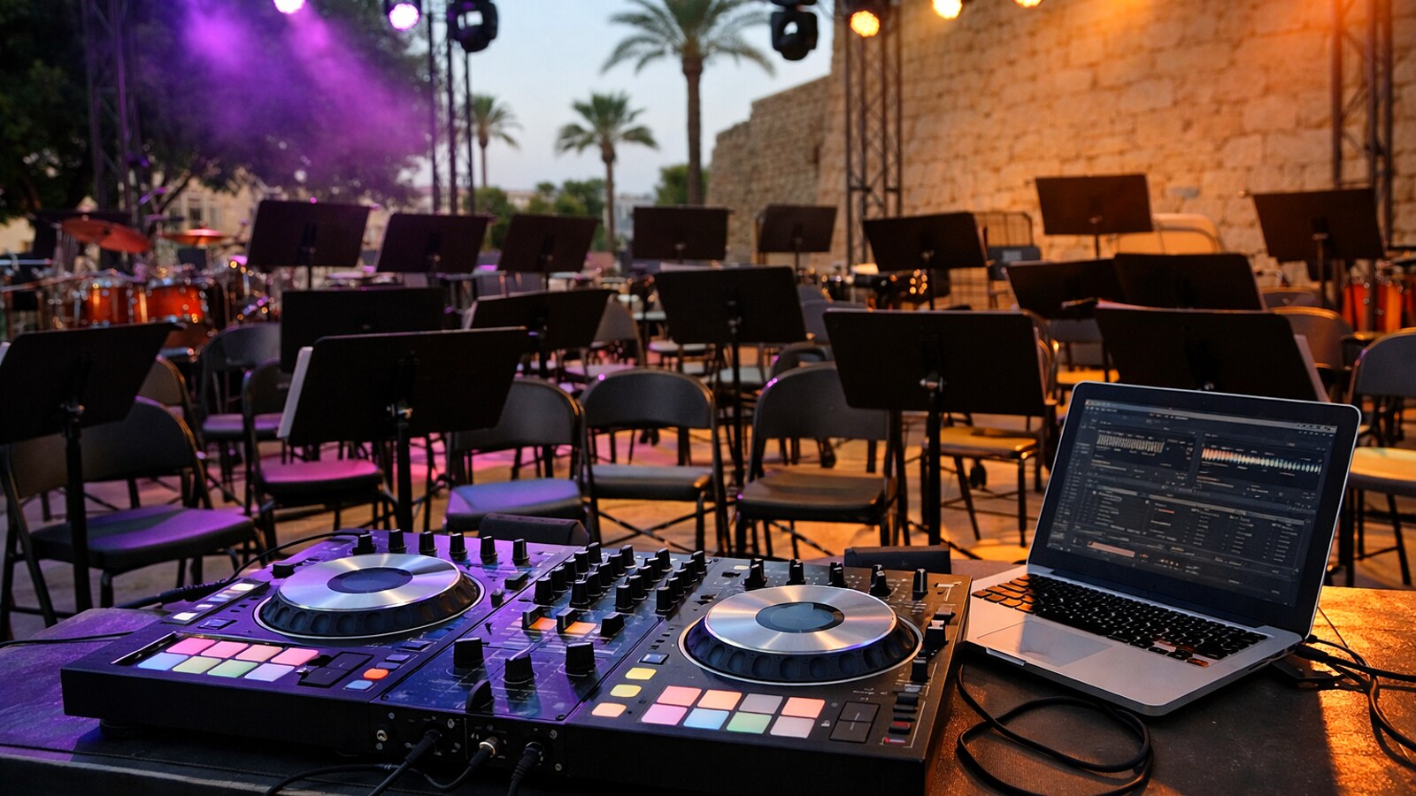 DJ-Pult vor leeren Orchesterstühlen und Notenpulten im bunten Bühnenlicht (KI-Symbolbild).