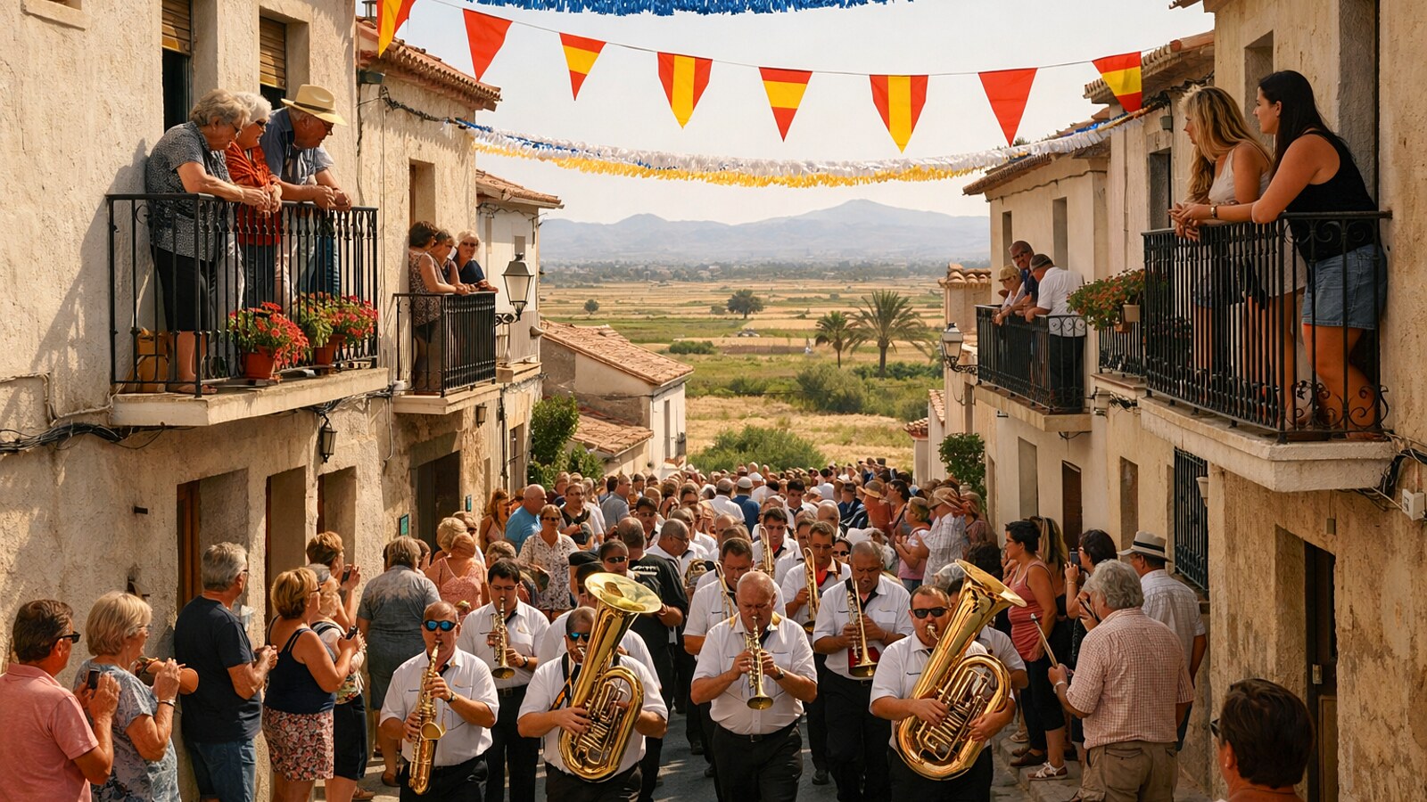 Blaskapelle zieht durch eine geschmückte Gasse bei einem Ortsfest (KI-Symbolbild).