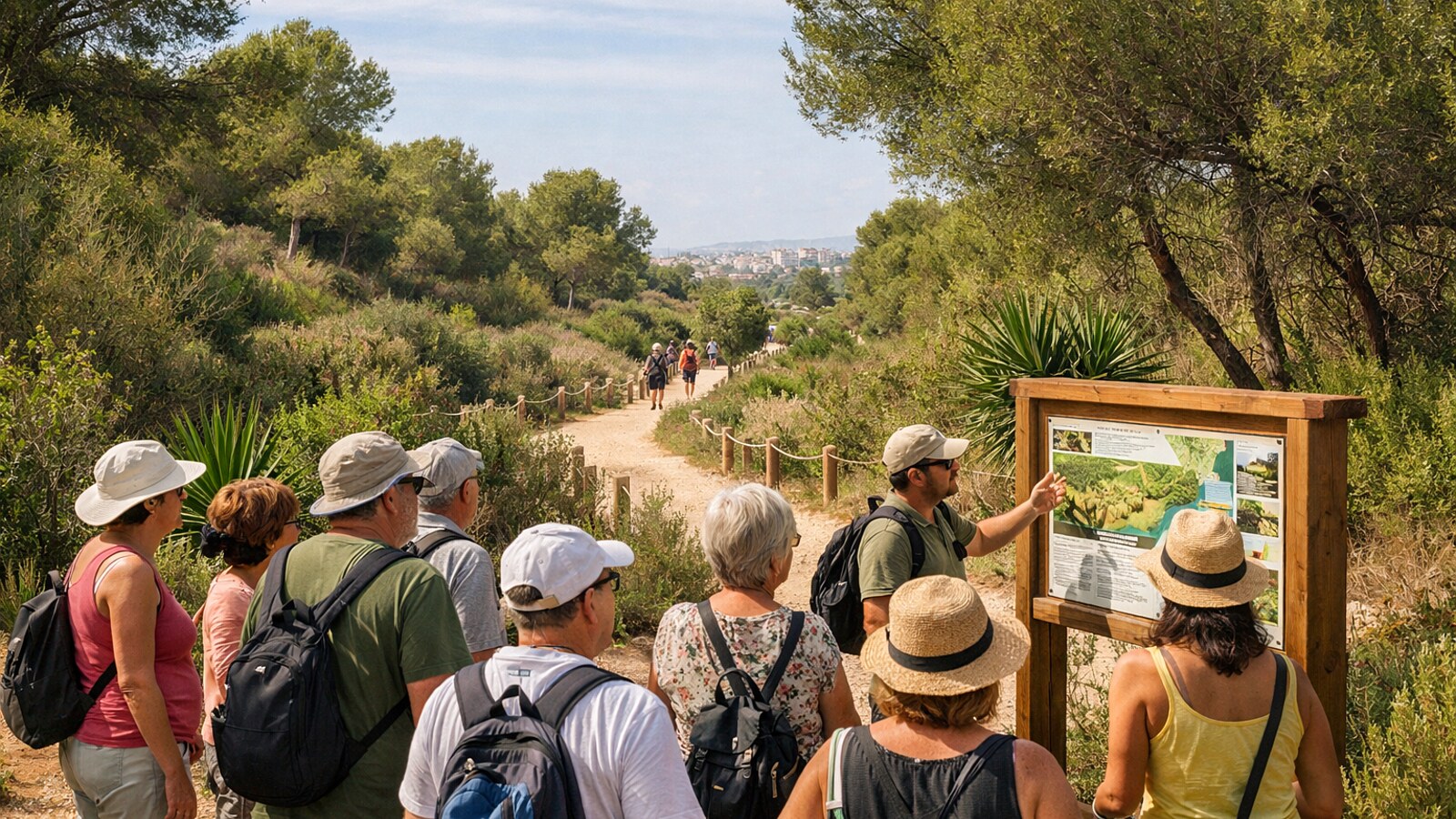 Eine Gruppe von Besuchern steht bei einer geführten Tour in einem mediterranen Naturpark an einem Informationsschild, während sich ein Weg durch trockenes Grün und Pinienlandschaft zieht (KI-Symbolbild).