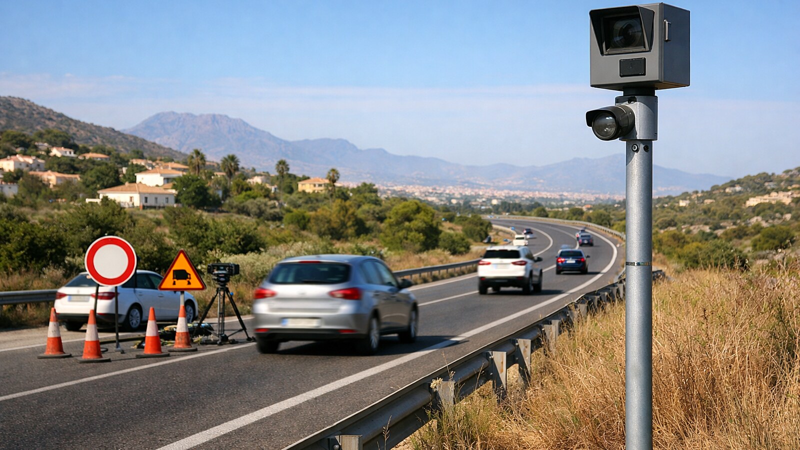 Zu sehen ist eine Landstraße oder Schnellstraße in einer mediterranen Hügellandschaft mit mehreren fahrenden Autos, einem stationären Blitzer auf einem Mast am Fahrbahnrand sowie zusätzlichen Verkehrsschildern und Absperrkegeln neben der Straße (KI-Symbol