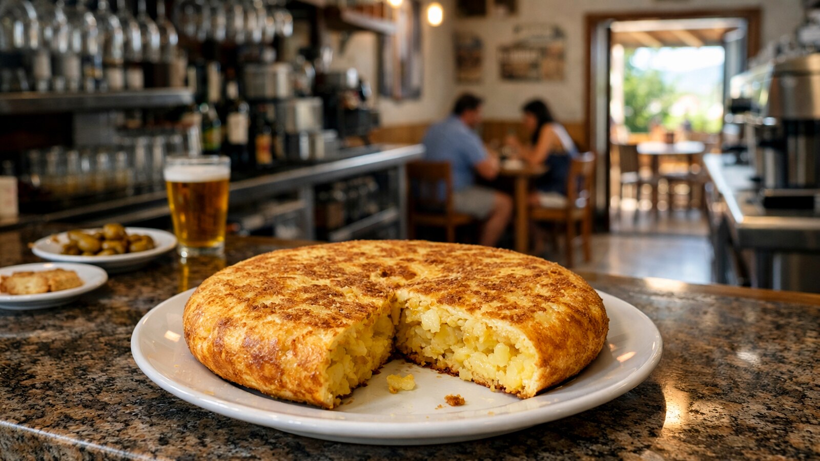 Auf einer Bar-Theke steht eine frisch zubereitete spanische Kartoffel-Tortilla auf einem weißen Teller, aus der ein Stück herausgeschnitten wurde; im unscharfen Hintergrund ist ein kleines Restaurant mit Gästen zu sehen (KI-Symbolbild).