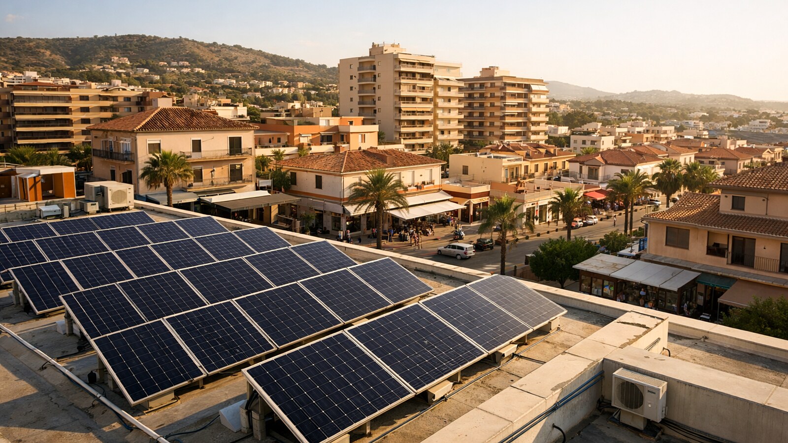 Auf dem Dach eines größeren Gebäudes sind mehrere Solarpaneele installiert, dahinter liegt bei warmem Tageslicht ein mediterranes Wohngebiet mit Apartmenthäusern, kleinen Geschäften, Palmen und Straßenverkehr (KI-Symbolbild).