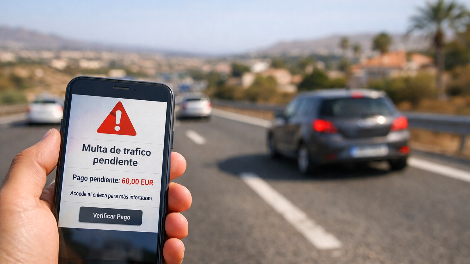 Eine Hand hält ein Smartphone mit einer spanischsprachigen Warn- und Zahlungsnachricht zu einem angeblichen Verkehrsbußgeld, dahinter ist eine unscharfe Straße mit fahrenden Autos zu sehen (KI-Symbolbild).