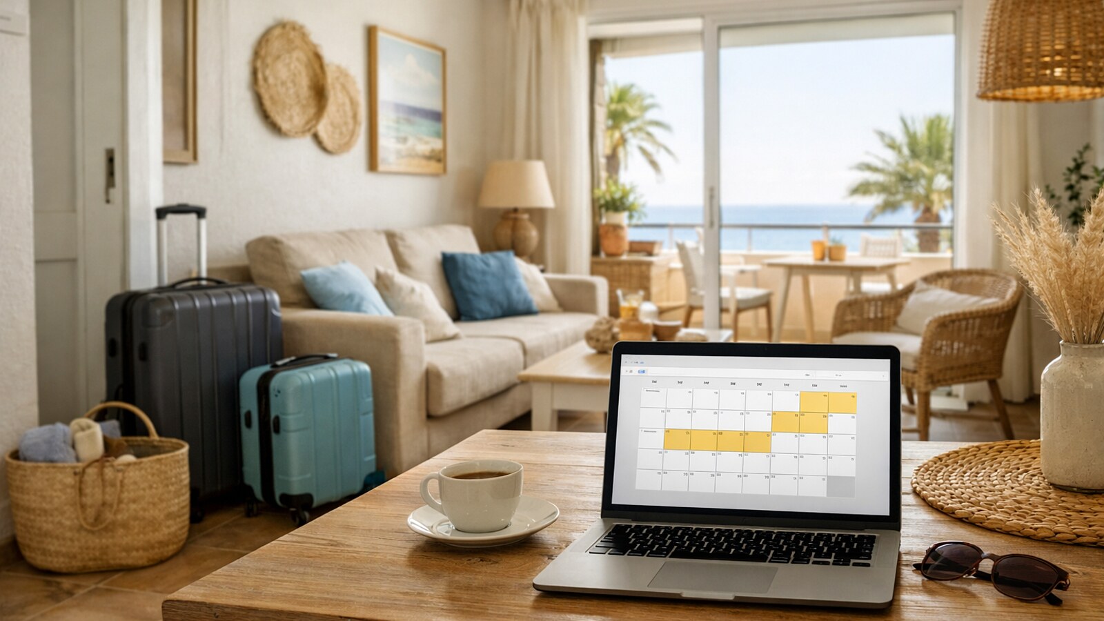 Zu sehen ist ein heller Ferienwohnungsraum mit Koffern, einem Laptop mit Buchungskalender auf dem Tisch und einem Balkon mit Meerblick und Palmen im Hintergrund (KI-Symbolbild).
