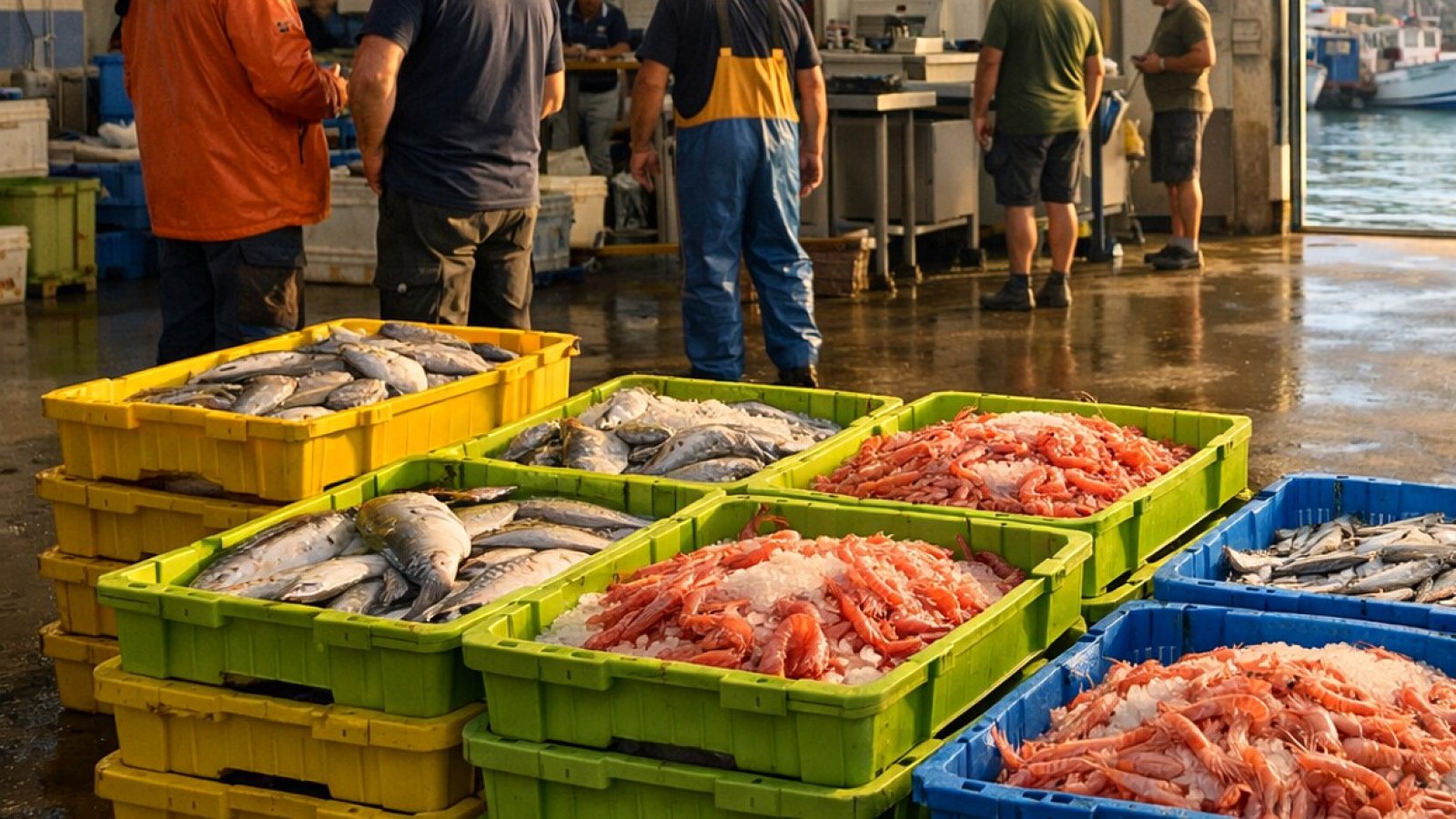 Kisten mit frischem Fisch und Garnelen in einer Fischauktionshalle am Hafen (KI-Symbolbild).