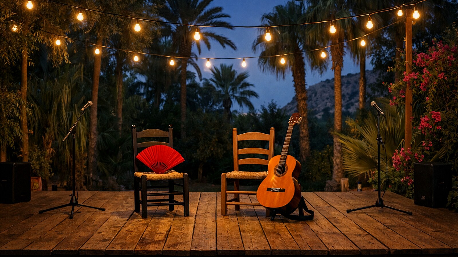 Flamenco-Bühne im Garten bei Nacht mit Lichterketten, Gitarre und Fächer auf Stühlen, ohne Menschen (KI-Symbolbild).