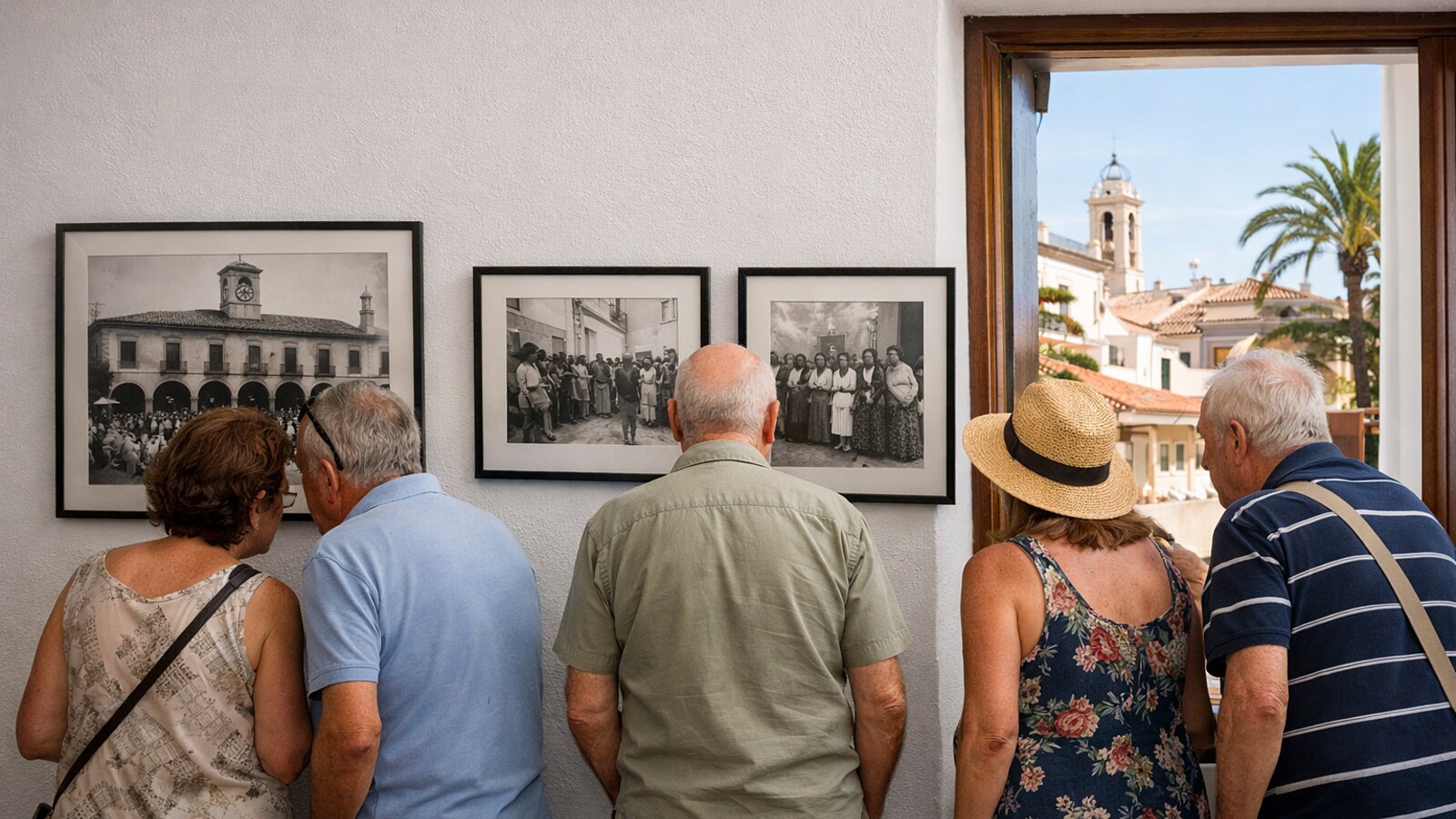 Besucher betrachten historische Schwarz-Weiß-Fotos in einer Ausstellung (KI-Symbolbild).