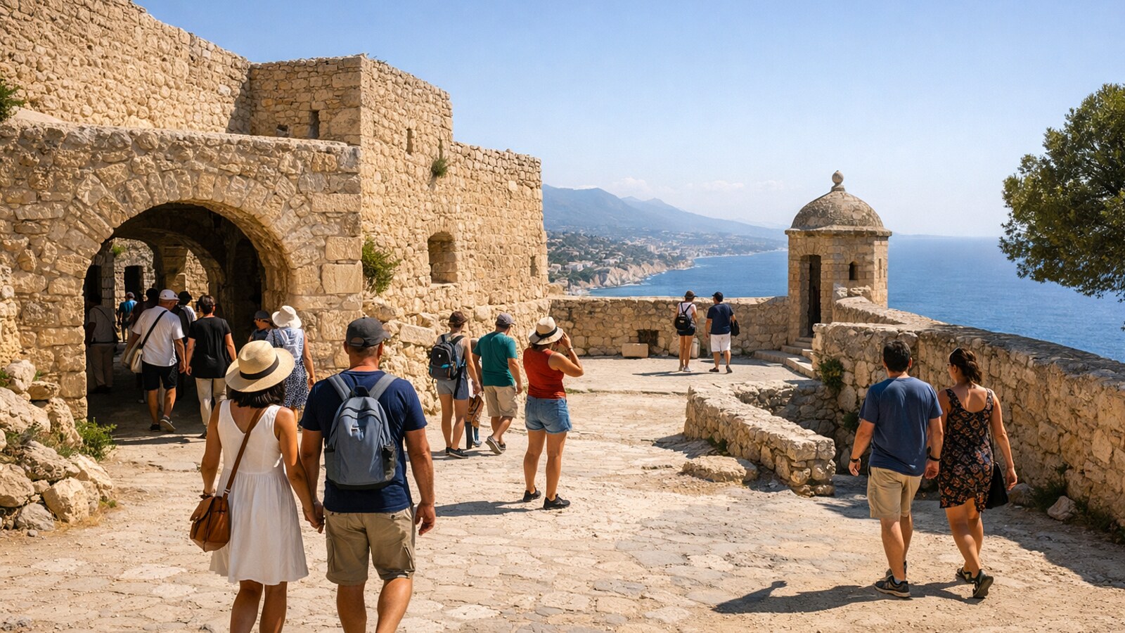 Mehrere Besucher gehen bei hellem Sonnenlicht durch den steinernen Innenbereich einer historischen Festung mit Torbogen, Mauern und Blick auf Meer und Küste (KI-Symbolbild).