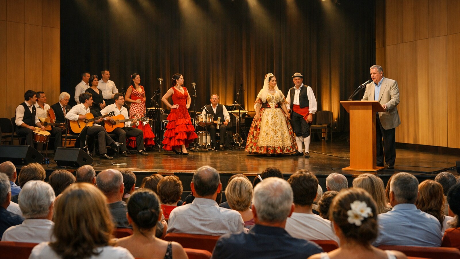 Festakt in einem Konzertsaal mit Redner, Musikern und Tänzerinnen (KI-Symbolbild).