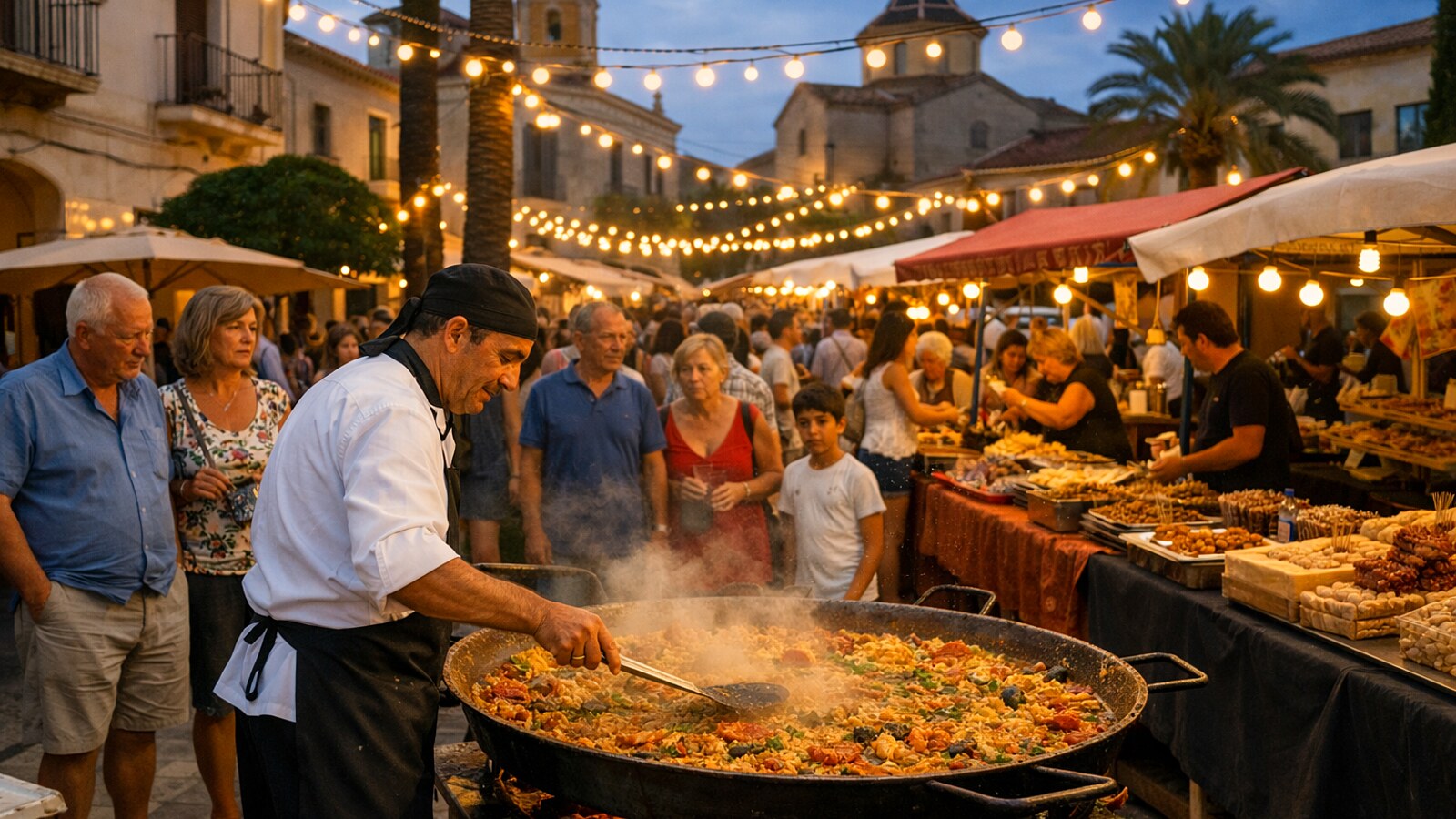 Koch an einer großen Paellapfanne auf einem abendlichen Gastronomiemarkt (KI-Symbolbild).