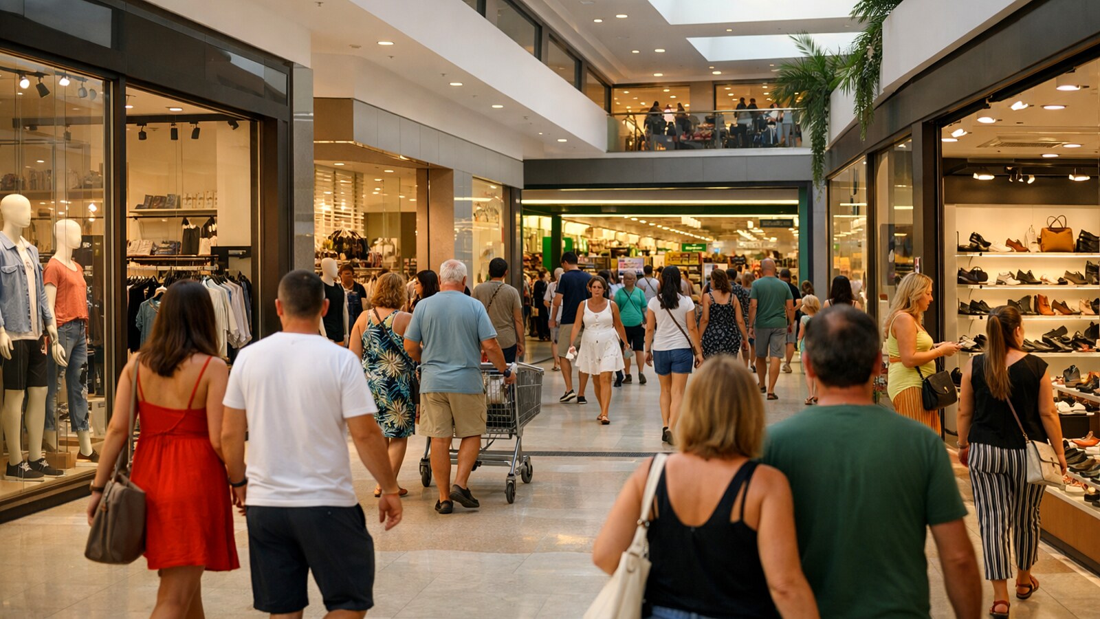 Zu sehen ist ein helles modernes Einkaufszentrum mit geöffneten Geschäften, einem Supermarkteingang im Hintergrund und zahlreichen Menschen, die durch den breiten Innenkorridor gehen (KI-Symbolbild).