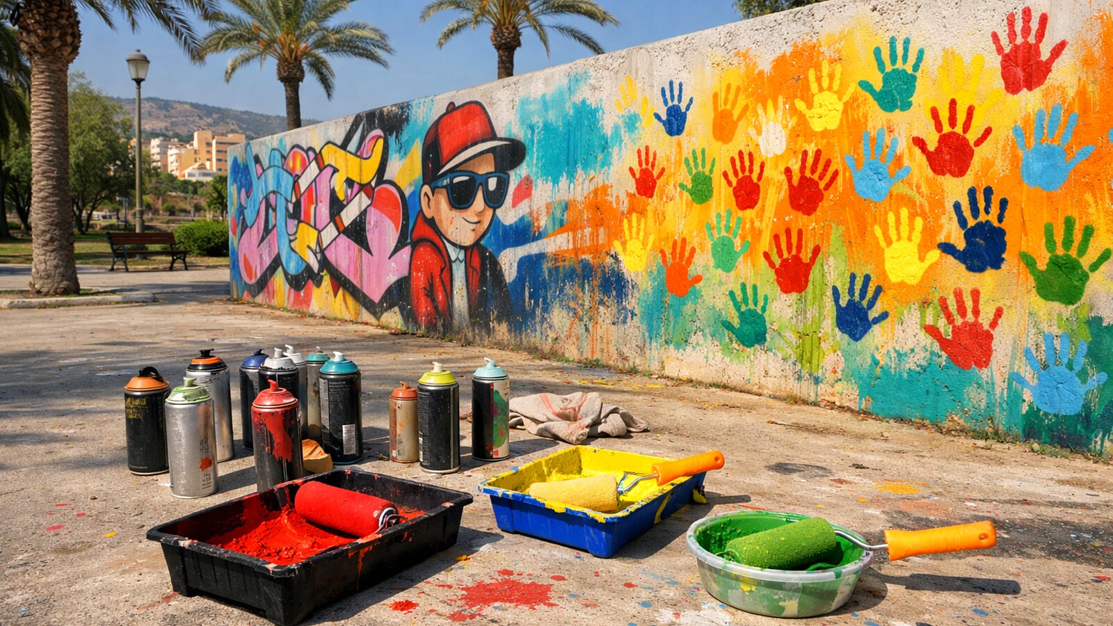 Buntes Graffiti mit Handabdrücken an einer Parkmauer, davor Sprühdosen und Farbrollen, ohne Menschen (KI-Symbolbild).