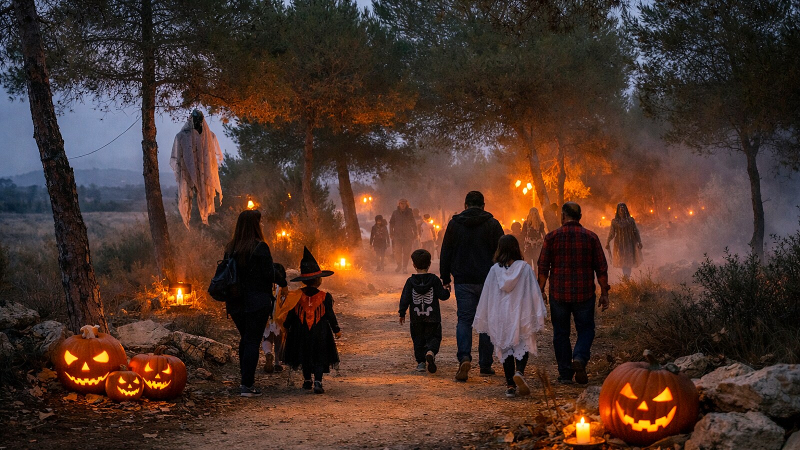 Familien auf einem nächtlichen Halloween-Pfad zwischen Pinien und Kürbislaternen (KI-Symbolbild).