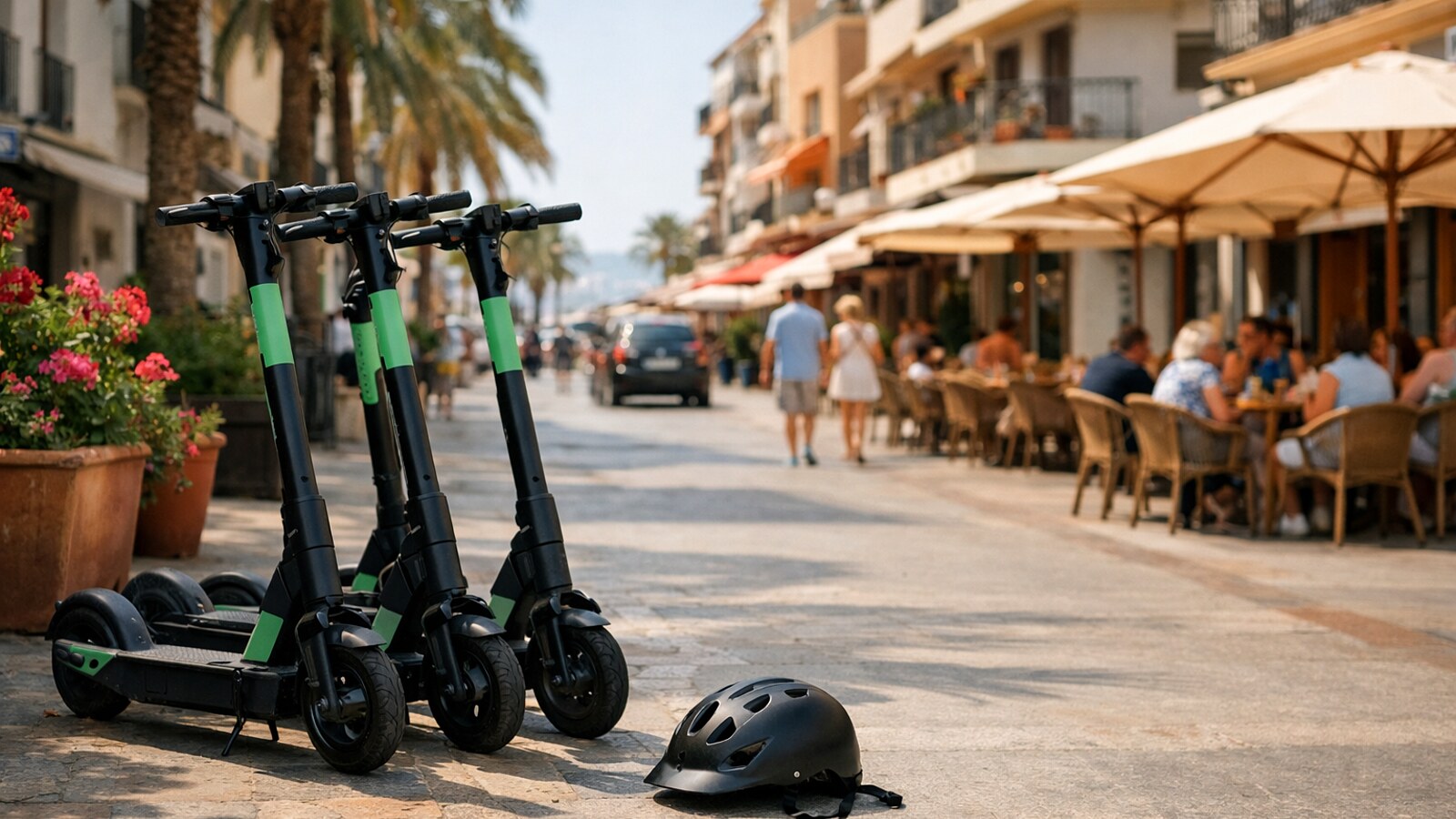 Mehrere Leih-E-Scooter stehen auf einer sonnigen mediterranen Stadtstraße, davor liegt gut sichtbar ein schwarzer Schutzhelm, während im Hintergrund Straßencafés und Passanten zu sehen sind (KI-Symbolbild).